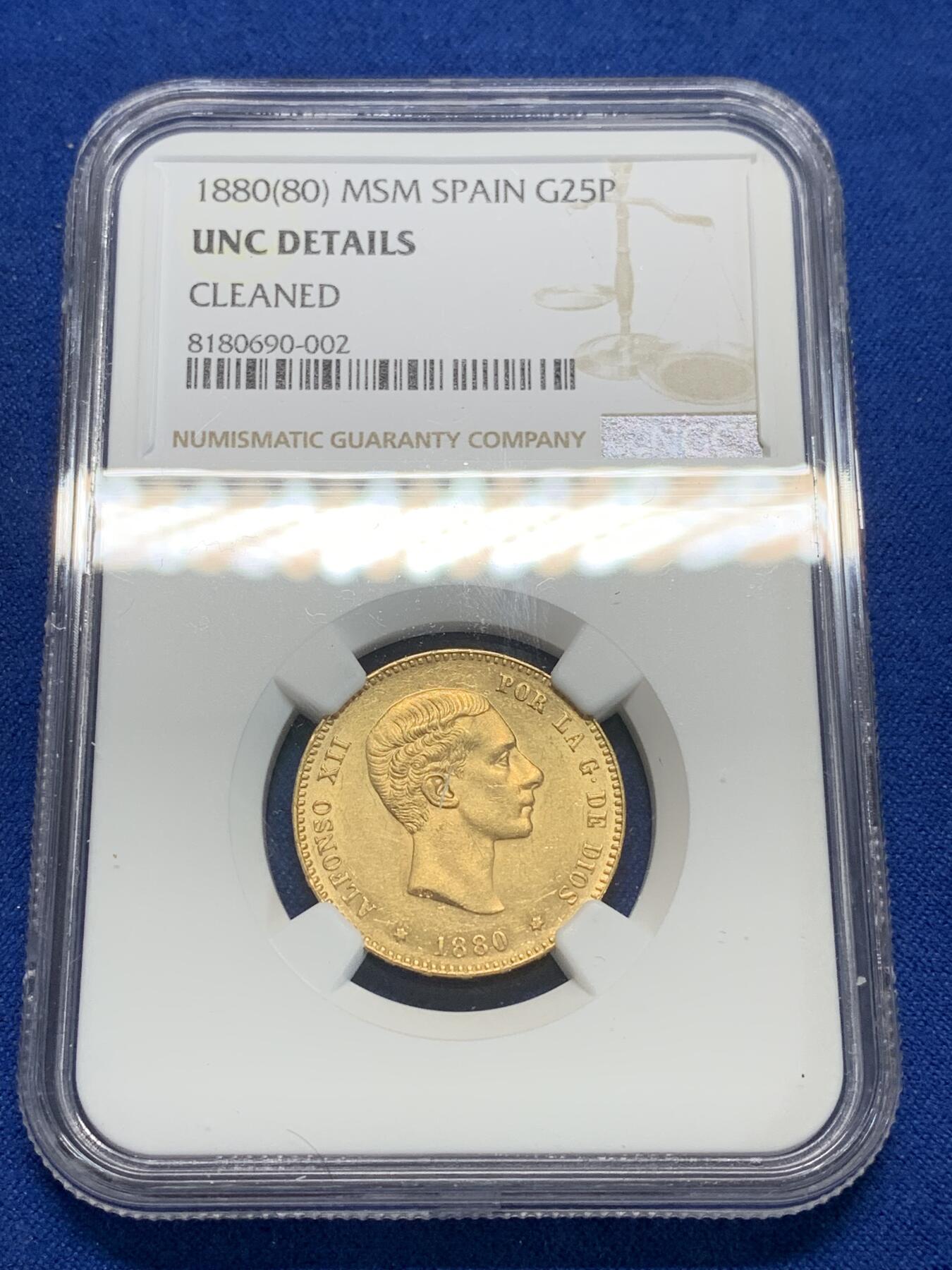 《竞宝斋》第280场- 周日，周一 ，周二3场连拍 （全场包邮） NGC UNC 西班牙 1880年 阿方索十二世 25比塞塔 金币 状态不错 细节见图