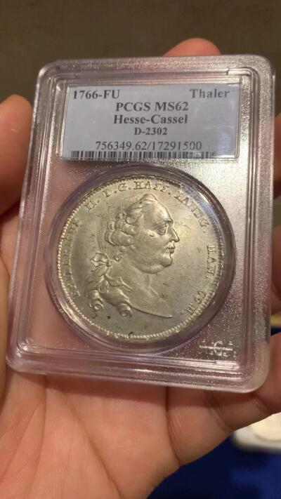 《竞宝斋》第280场- 周日，周一 ，周二3场连拍 （全场包邮） 冠军分！PCGS MS62 德国 1766年 黑森卡塞尔 1泰勒银币 Ebay去年成交价1640刀！