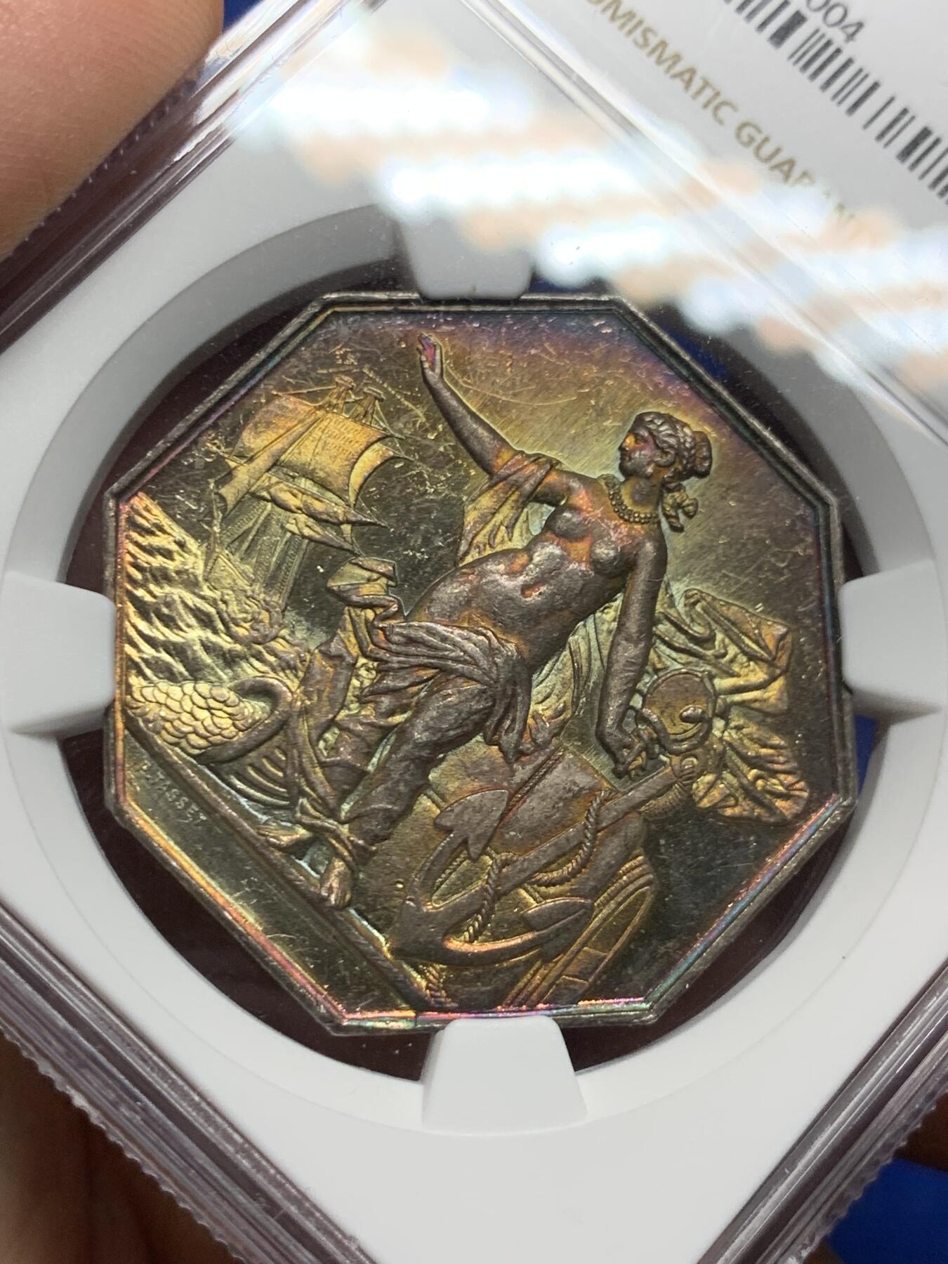 《竞宝斋》第281场- 周日，周一 ，周二3场连拍 （全场包邮） NGC-MS62 法国八角银章，先见之明保险公司，优雅的女神普鲁登斯