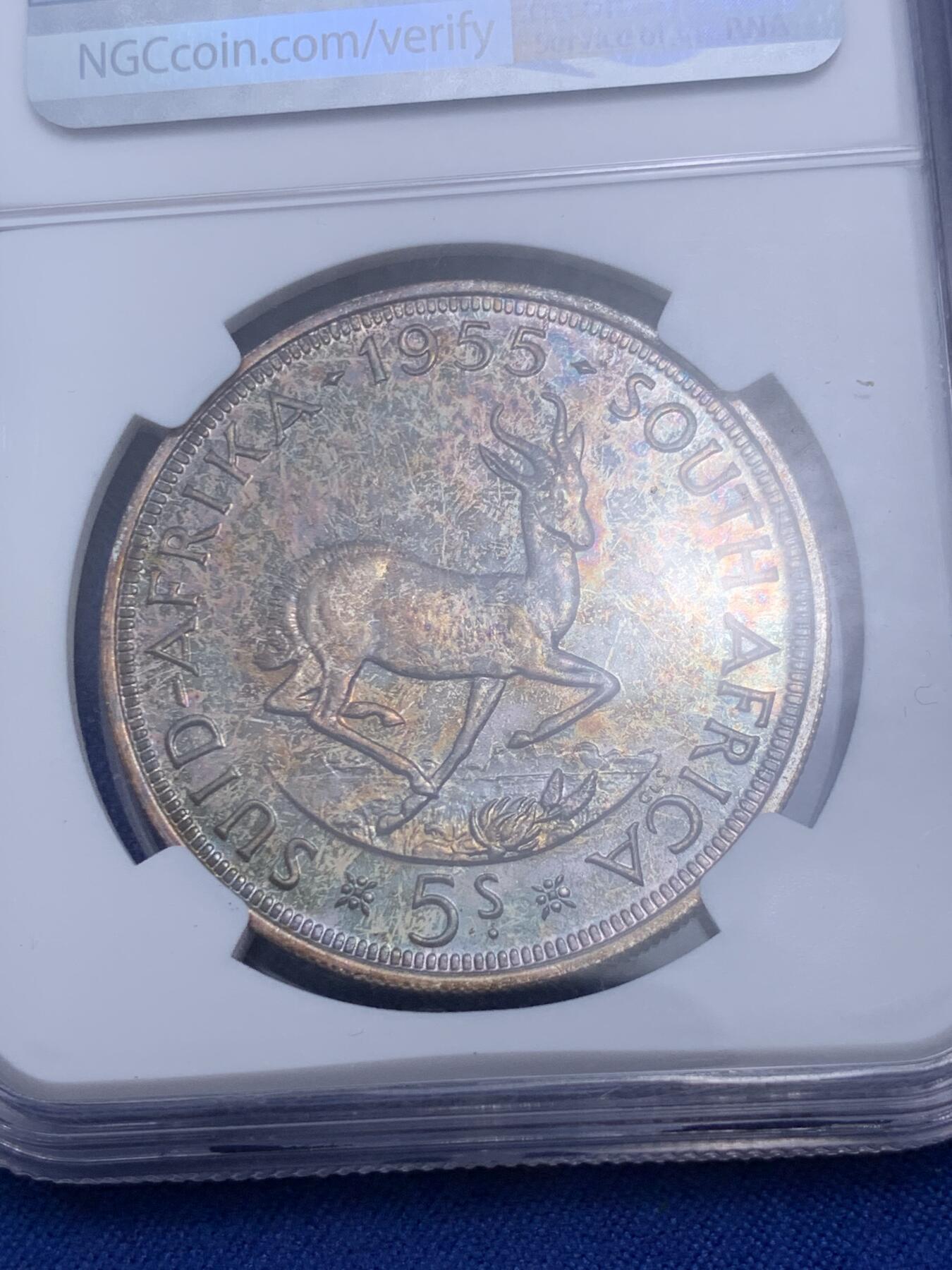 《竞宝斋》第280场- 周日，周一 ，周二3场连拍 （全场包邮） NGC PF63 英属南非1955年伊丽莎白二世跳羚羊版5先令精制银币 铸造数量2850枚 原汁原味五彩老包浆，包浆醇厚润泽又犀利，打制精美，PROOF精制币，极美爆彩。