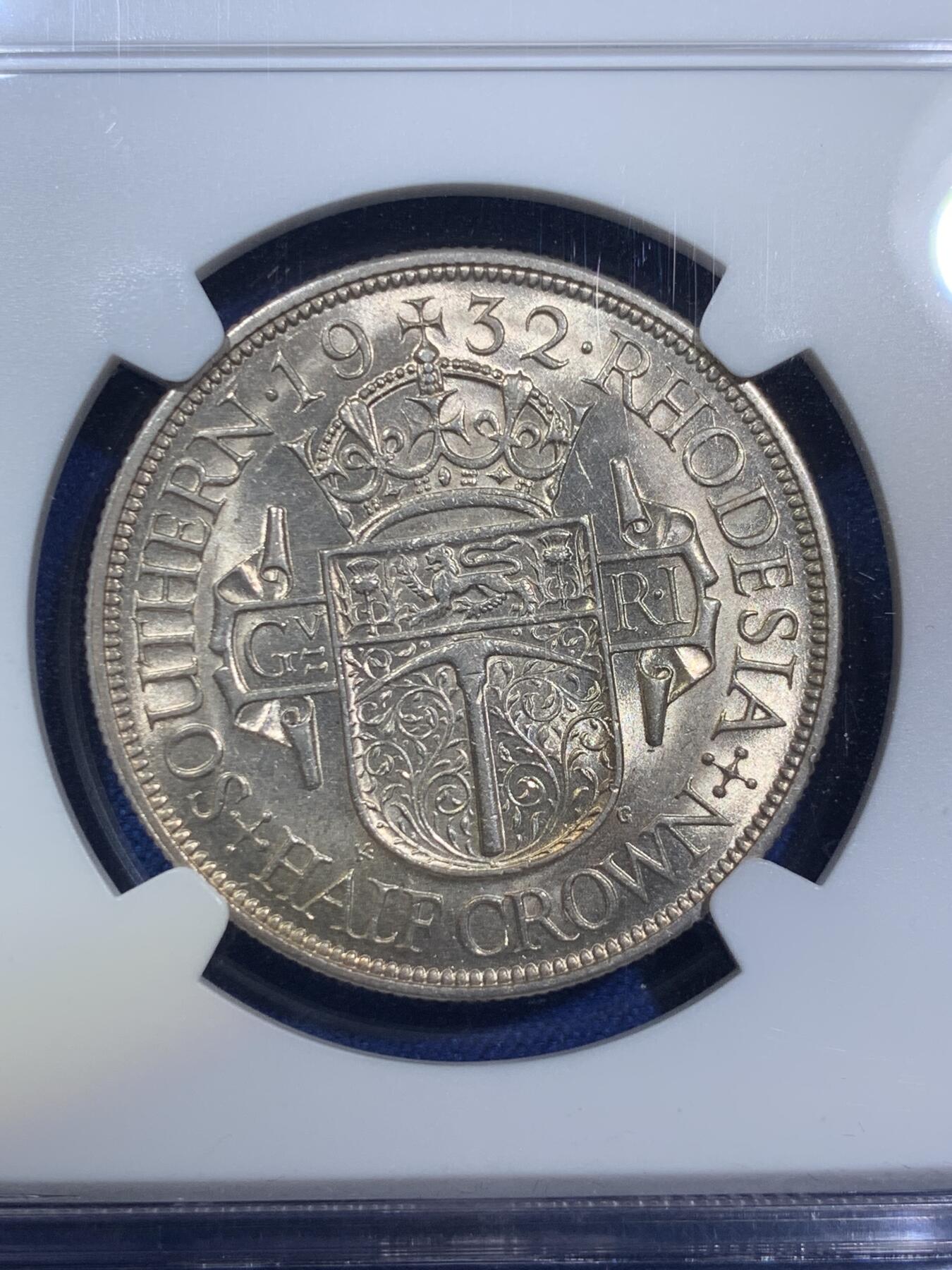 《竞宝斋》第280场- 周日，周一 ，周二3场连拍 （全场包邮） NGC MS62 南罗德西亚 半克朗银币 少见品种