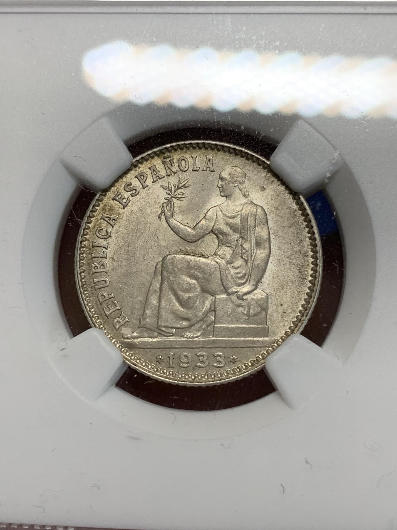 《竞宝斋》第280场- 周日，周一 ，周二3场连拍 （全场包邮） NGC MS63 西班牙 1933年 内战版 拿花女神 1比塞塔 银币