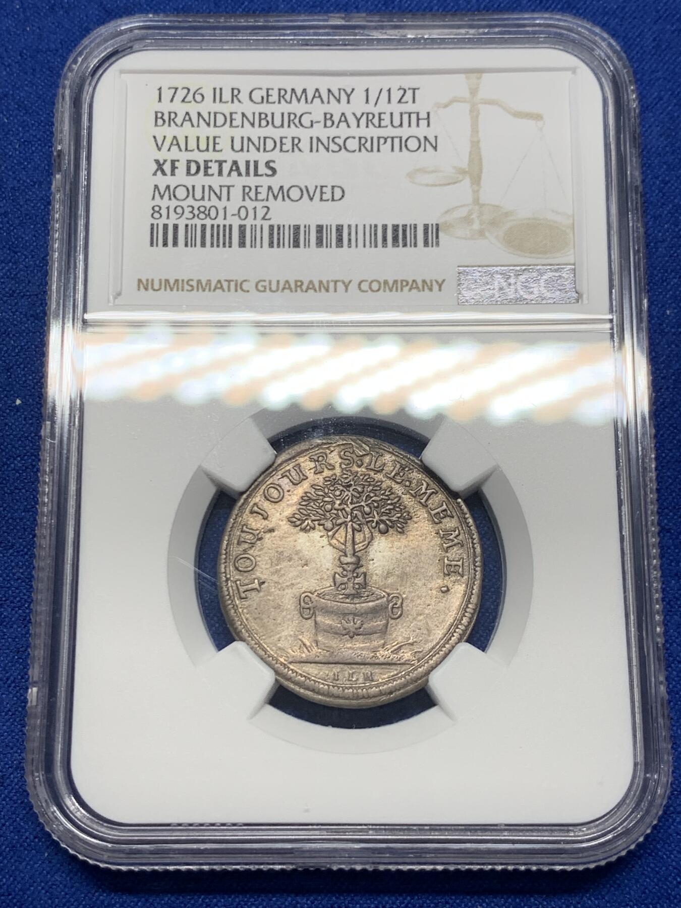 《竞宝斋》第280场- 周日，周一 ，周二3场连拍 （全场包邮） NGC XF 德国 1726 勃兰登堡-拜罗伊特 乔治·威廉逝世 1/12泰勒银币 首见品种