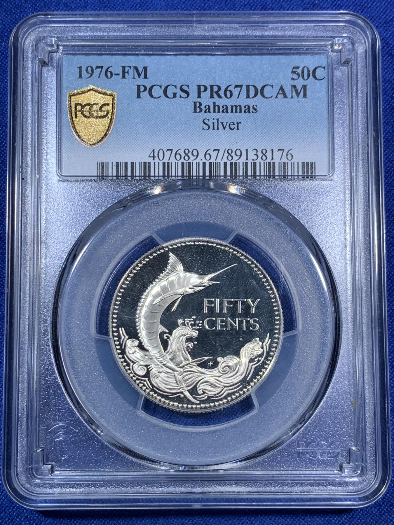 《竞宝斋》第280场- 周日，周一 ，周二3场连拍 （全场包邮） PCGS PR67DCAM  巴哈马1976年50分银币  经典剑鱼图案  美国富兰克林造币厂生产  铸造量23000枚