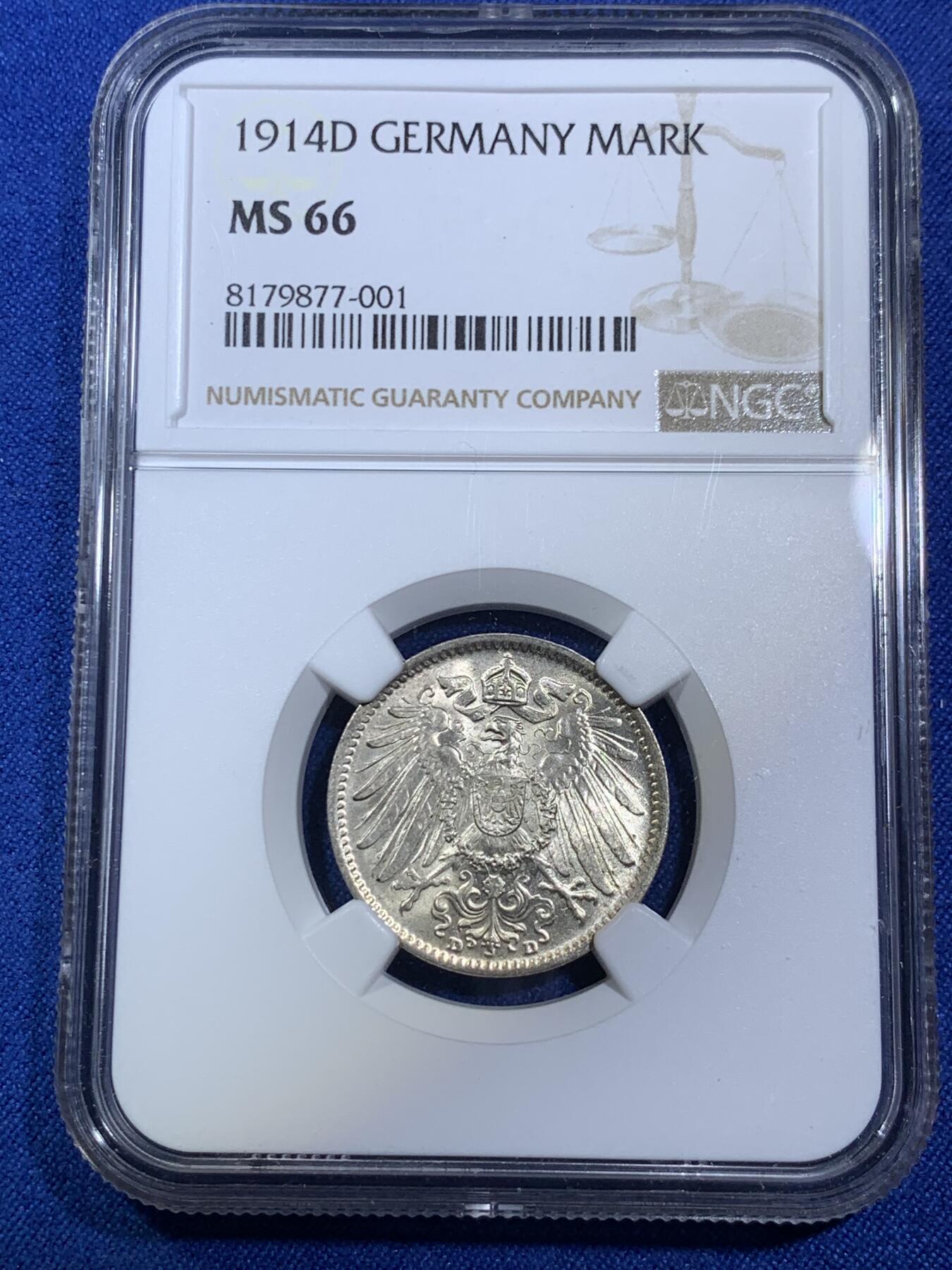 《竞宝斋》第280场- 周日，周一 ，周二3场连拍 （全场包邮） NGC MS66 德国1914-D 1马克银币 高分 宛若初铸，光晕流转没有丝毫阻碍，深打德意志鹰栩栩如生，黄油包浆自然生动无可挑剔。