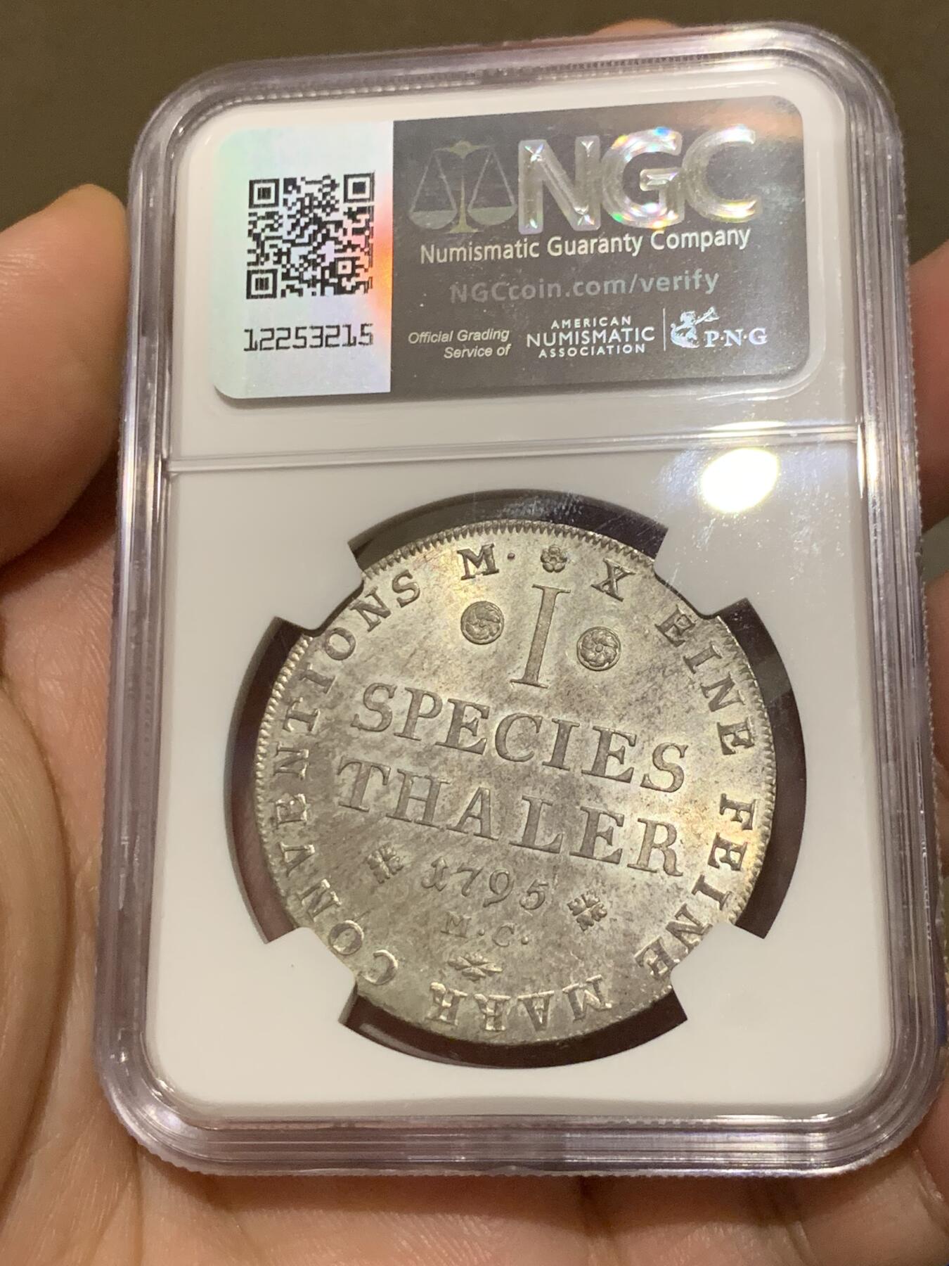 《竞宝斋》第280场- 周日，周一 ，周二3场连拍 （全场包邮） 唯一冠军分 NGC MS66 德国 1795 布伦瑞克 吕内堡纹章泰勒大银币 深彩包浆十字转光 名家旧藏 传承有序