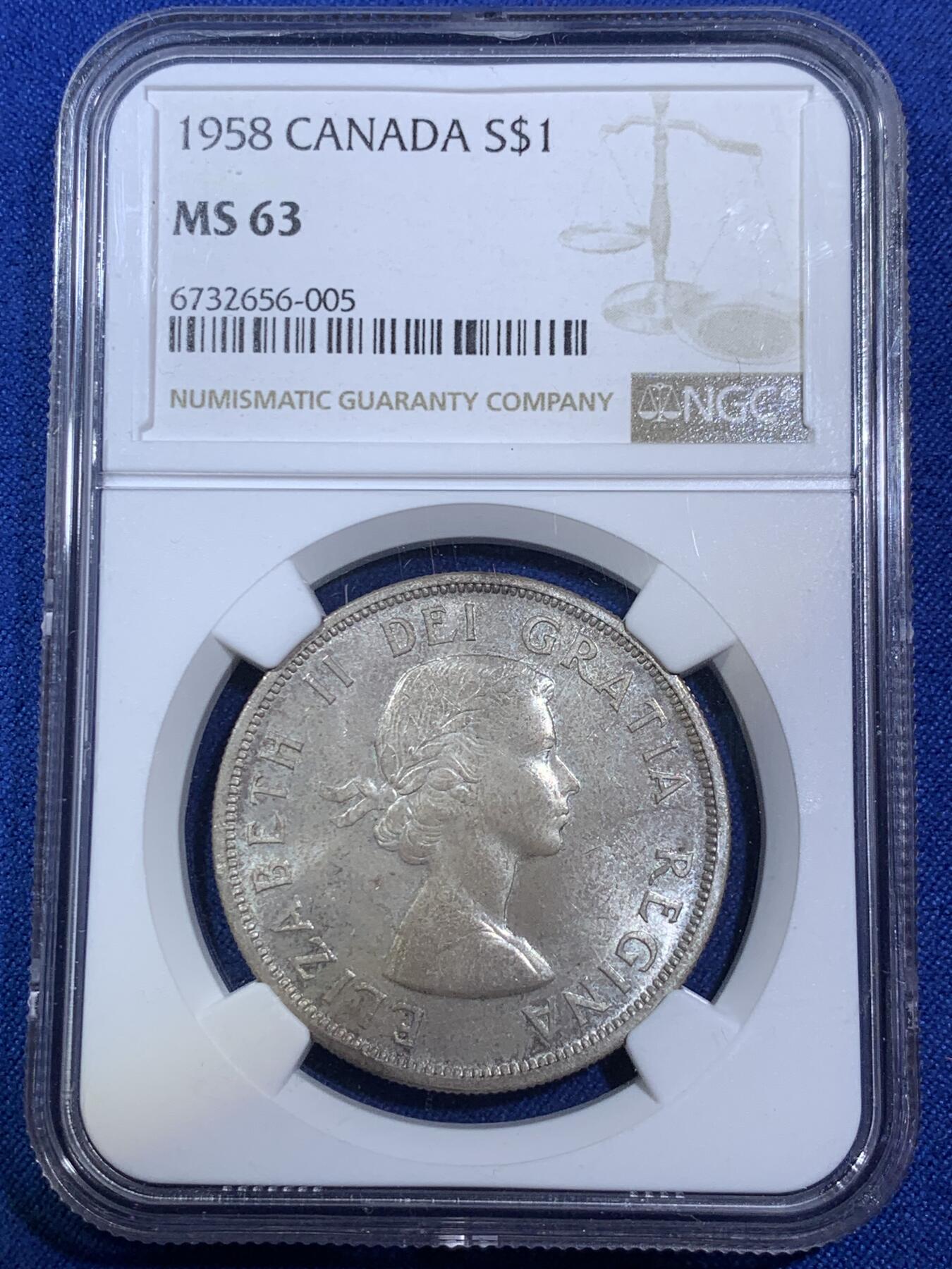 《竞宝斋》第280场- 周日，周一 ，周二3场连拍 （全场包邮） NGC MS63 加拿大 1958年 1元银币