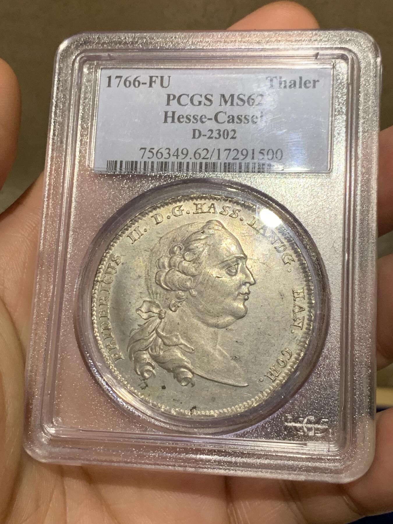 《竞宝斋》第280场- 周日，周一 ，周二3场连拍 （全场包邮） 冠军分！PCGS MS62 德国 1766年 黑森卡塞尔 1泰勒银币 Ebay去年成交价1640刀！