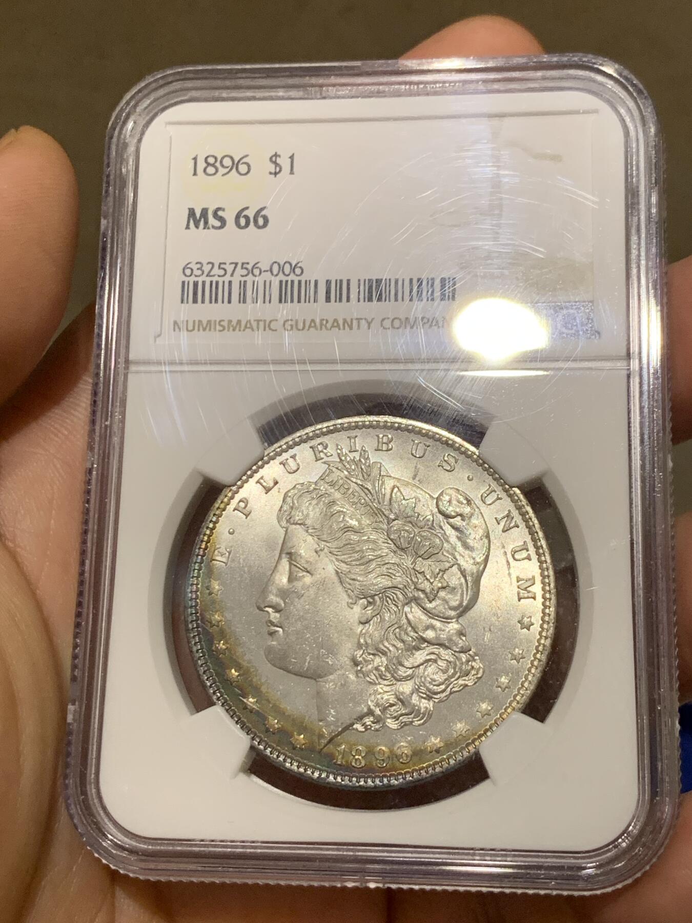 《竞宝斋》第280场- 周日，周一 ，周二3场连拍 （全场包邮） NGC MS66 美国 1896年 摩根银币 淡月牙彩 状态极佳