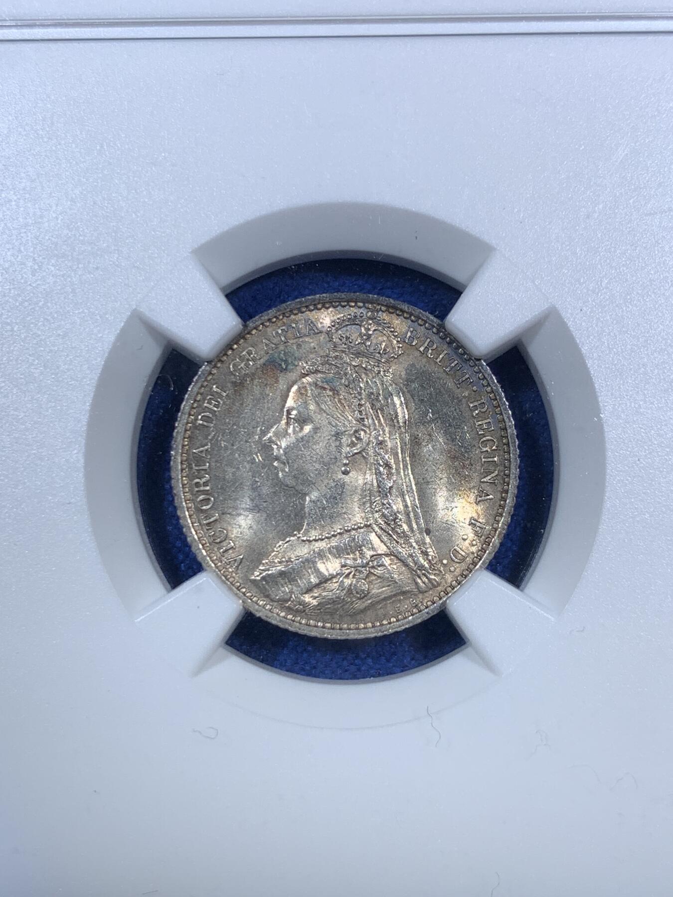 《竞宝斋》第280场- 周日，周一 ，周二3场连拍 （全场包邮） NGC MS62 英国1887年维多利亚6便士银币 五彩包浆漂亮