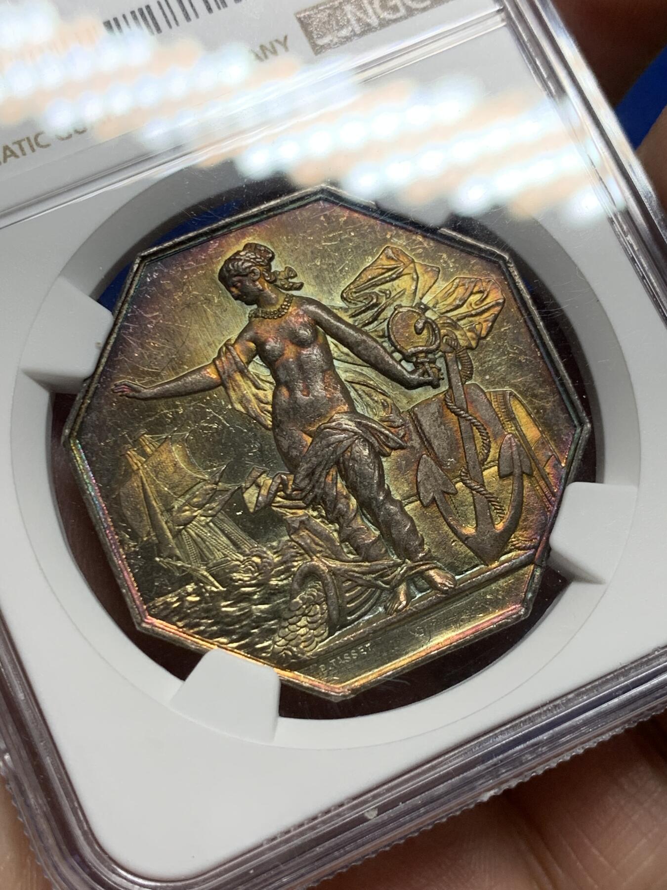 《竞宝斋》第281场- 周日，周一 ，周二3场连拍 （全场包邮） NGC-MS62 法国八角银章，先见之明保险公司，优雅的女神普鲁登斯