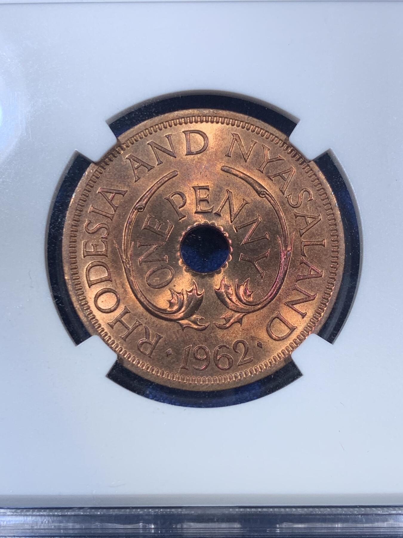 《竞宝斋》第280场- 周日，周一 ，周二3场连拍 （全场包邮） NGC MS65RB 1962罗德西亚1便士 65分对于上海N评的铜币来说绝对是超级高分 大象图案非常有特色