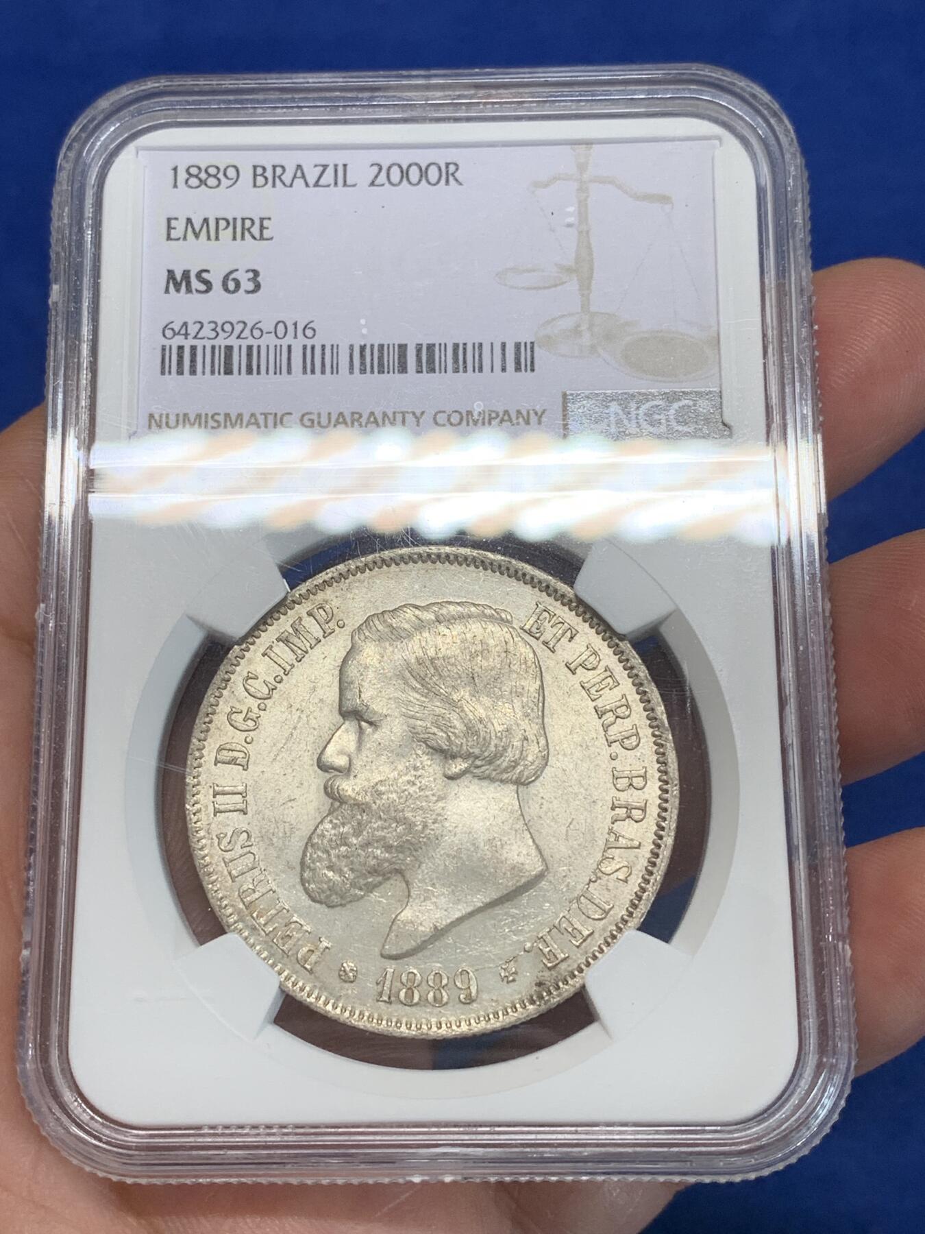 《竞宝斋》第280场- 周日，周一 ，周二3场连拍 （全场包邮） NGC MS63 巴西帝国 1889年 2000R 银币