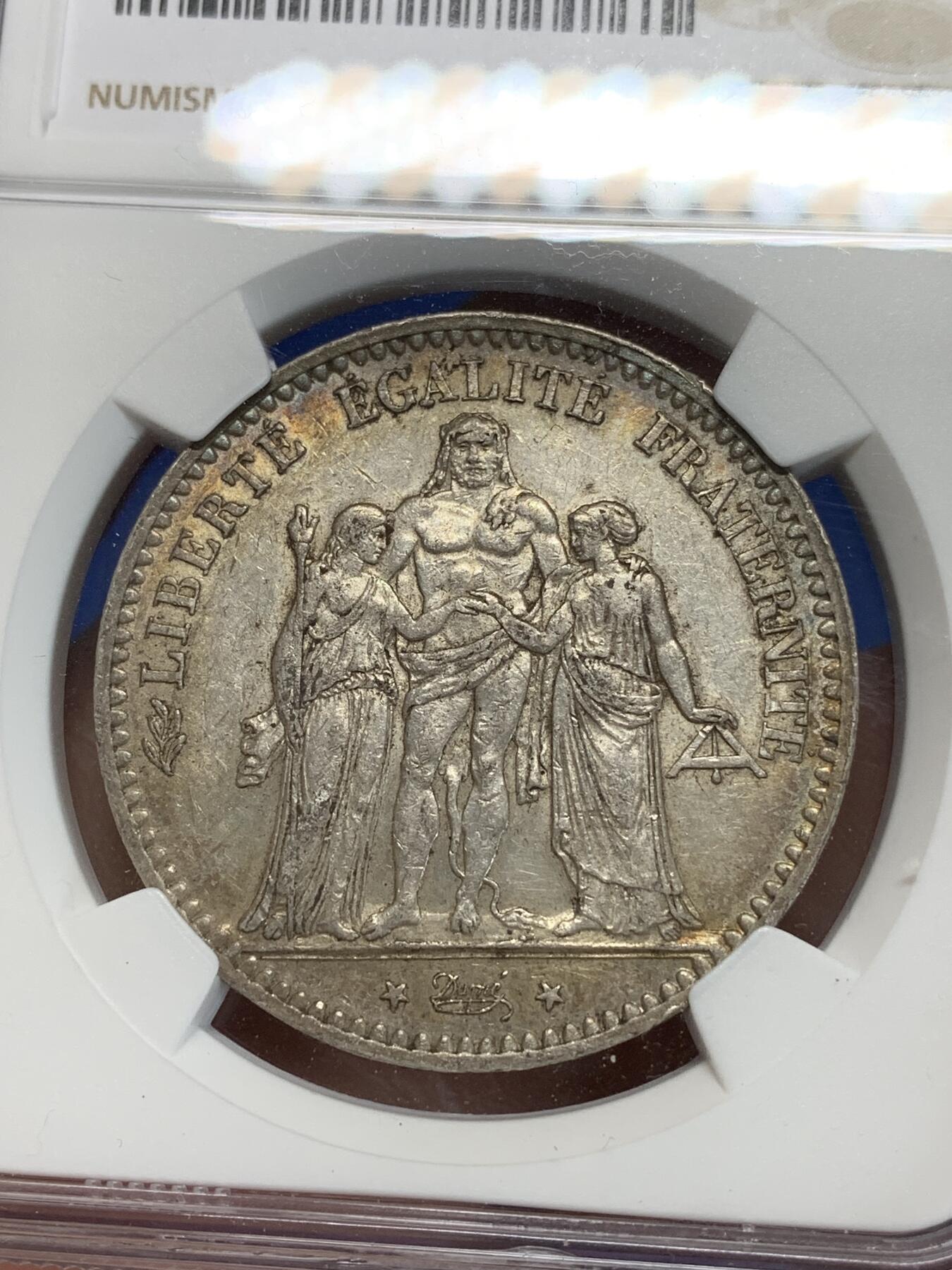 《竞宝斋》第280场- 周日，周一 ，周二3场连拍 （全场包邮） NGC AU55 法国1876年大力神5法郎银币