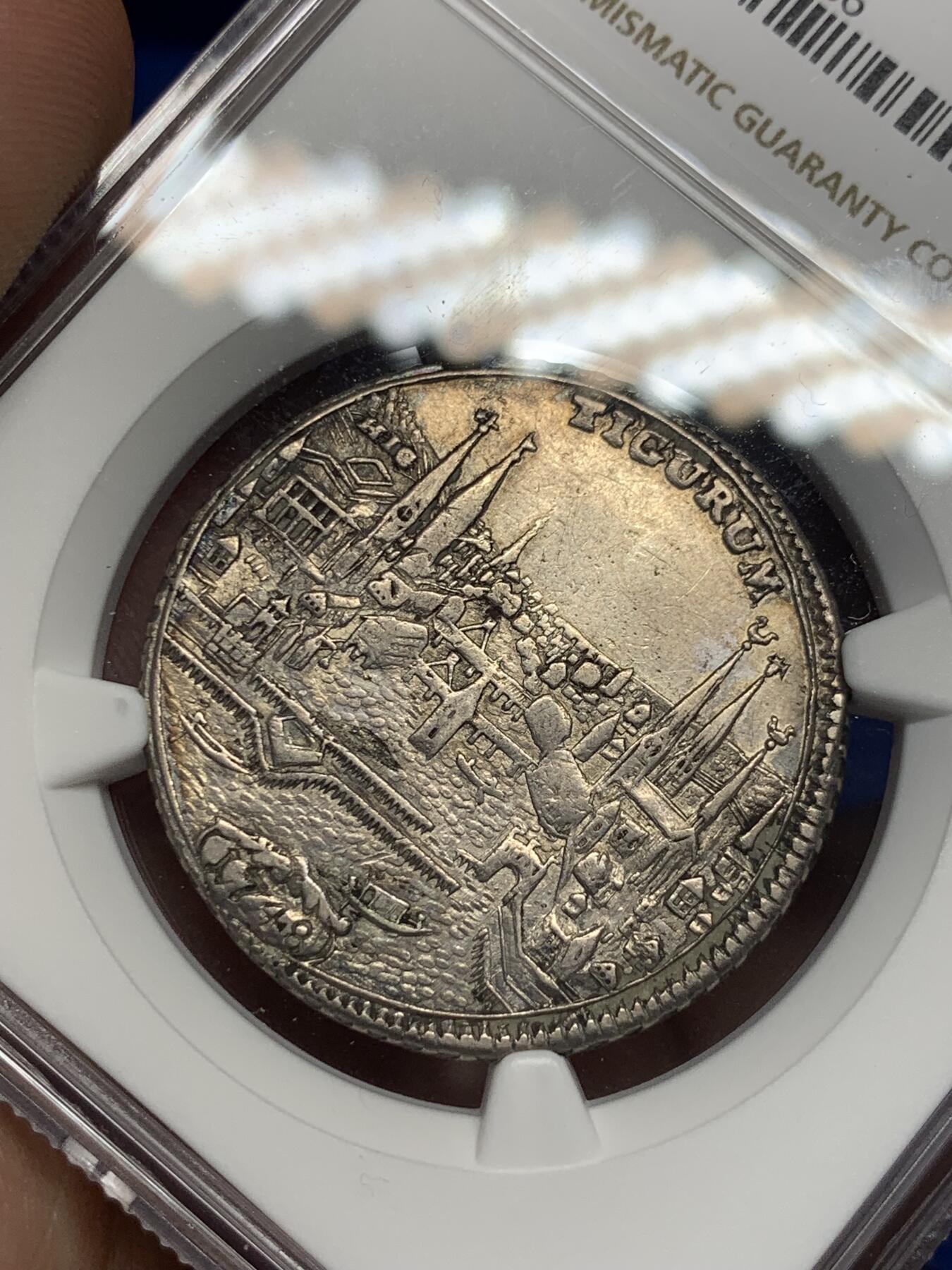 《竞宝斋》第280场- 周日，周一 ，周二3场连拍 （全场包邮） NGC AU53 瑞士1748年苏黎世景观 1/2泰勒银币 正反深打底光好 瑞士景观最近价格上升很快