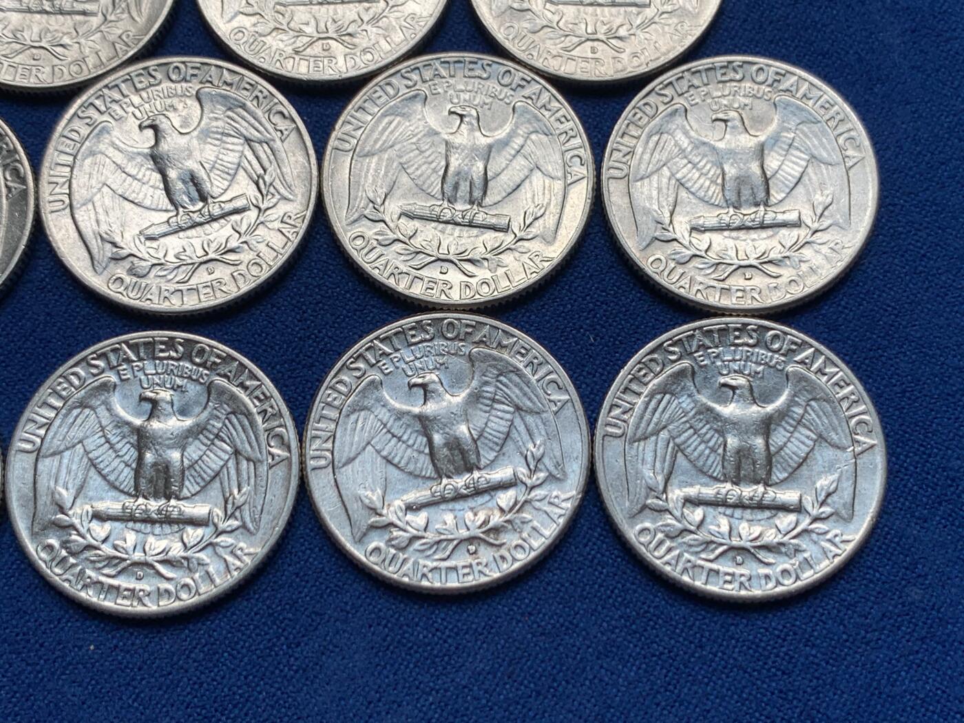 《竞宝斋》第280场- 周日，周一 ，周二3场连拍 （全场包邮） 14枚一组 1964年美国华盛顿25美分银币 重6.25克 900银 合计纯银78.75克