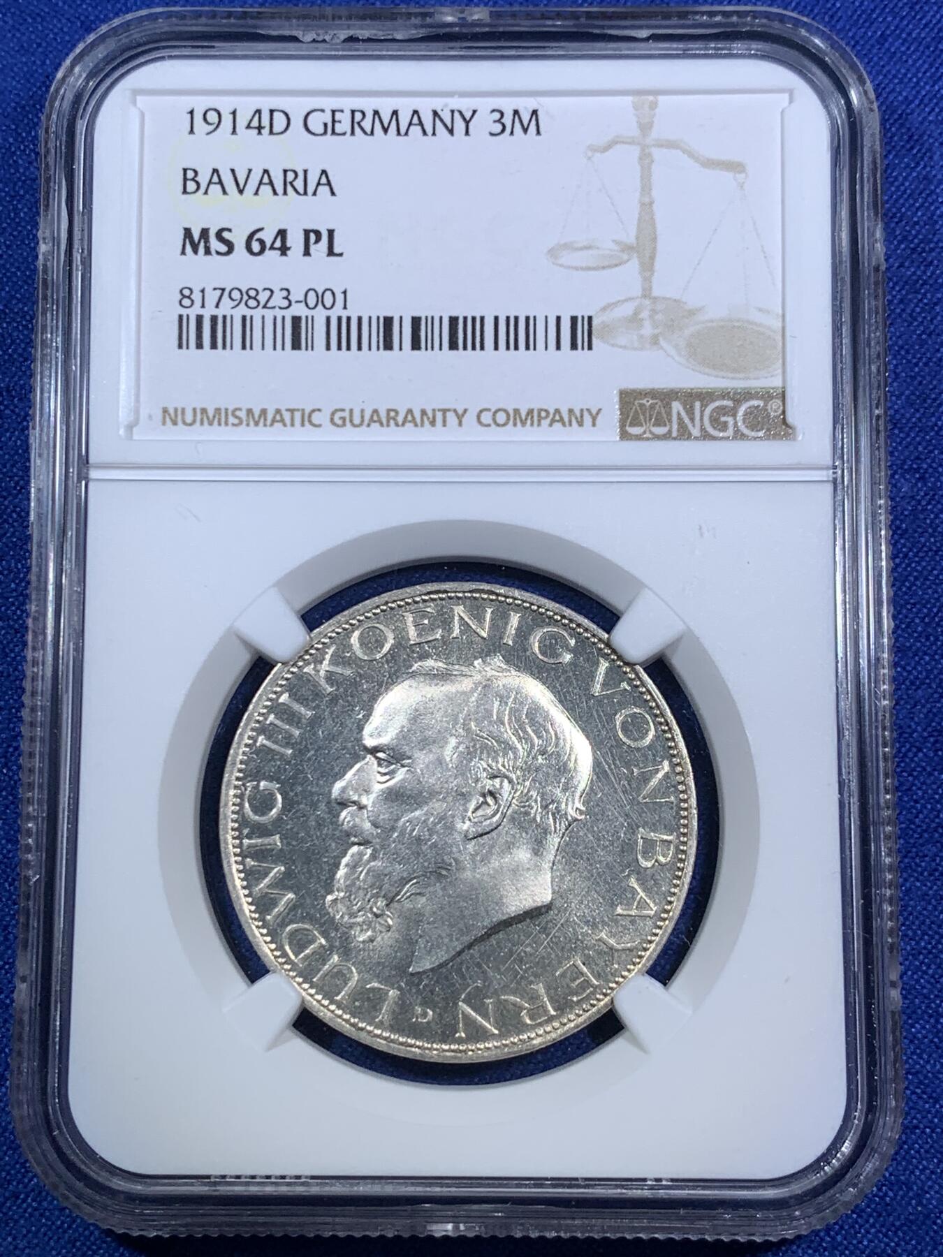 《竞宝斋》第280场- 周日，周一 ，周二3场连拍 （全场包邮） NGC MS64PL 1914年巴伐利亚路德维希国王3马克银币 类精制币，冠军分，无同分，极其少见