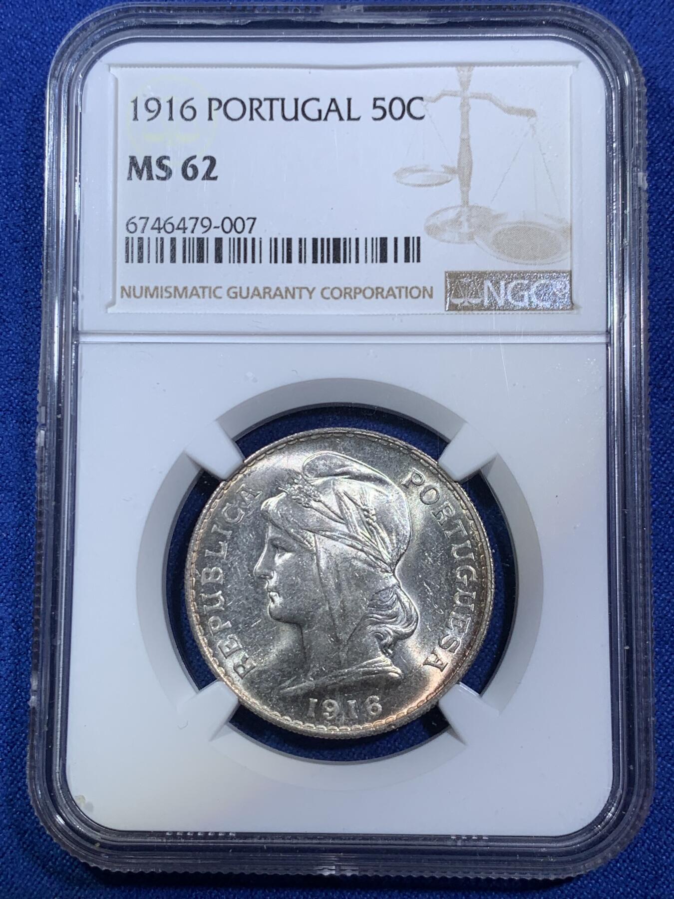 《竞宝斋》第280场- 周日，周一 ，周二3场连拍 （全场包邮） NGC MS62 葡萄牙1916年50分银币