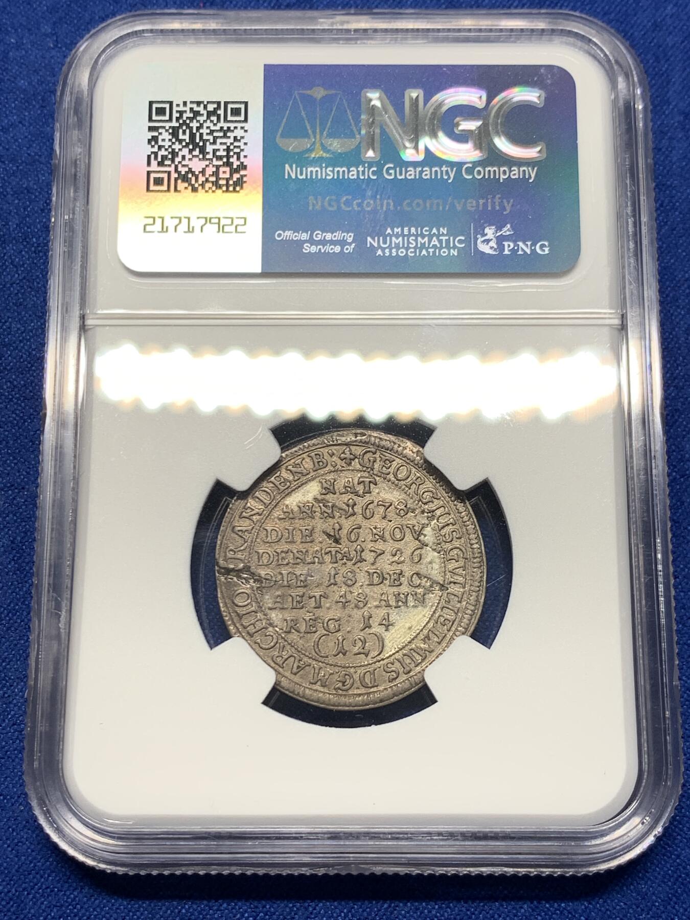 《竞宝斋》第280场- 周日，周一 ，周二3场连拍 （全场包邮） NGC XF 德国 1726 勃兰登堡-拜罗伊特 乔治·威廉逝世 1/12泰勒银币 首见品种