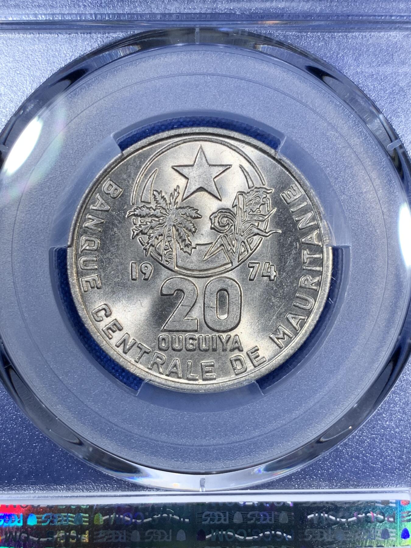 《竞宝斋》第280场- 周日，周一 ，周二3场连拍 （全场包邮） PCGS MS66 稀见 1974毛里塔尼亚20乌吉亚毛里塔尼亚早期都充分流通 几乎没有好品留下 MS66更是可遇不可求