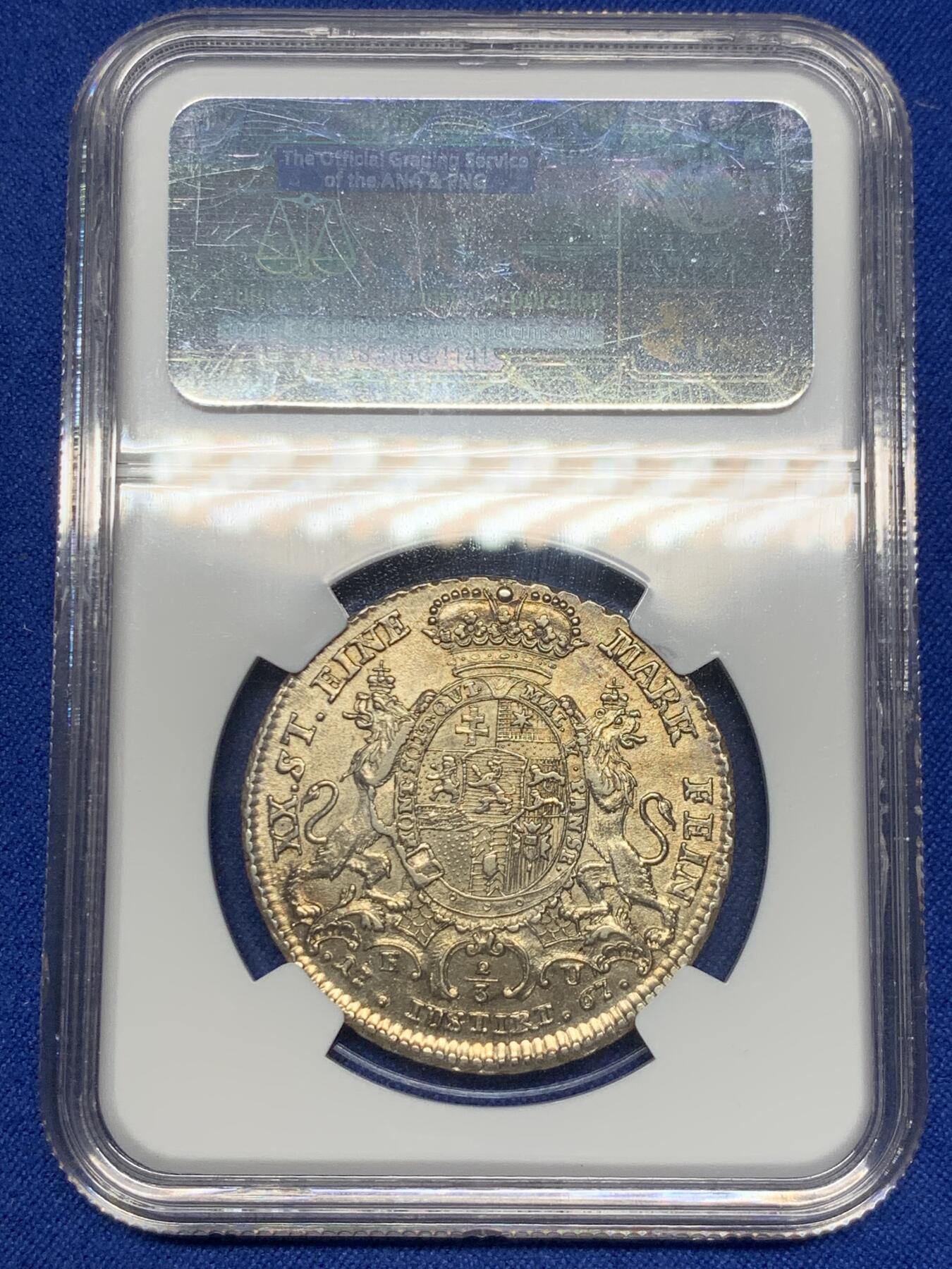 《竞宝斋》第280场- 周日，周一 ，周二3场连拍 （全场包邮） 亚军分！NGC AU58 德国 1767年 黑森卡塞尔 2/3泰勒银币 这个品种太少见了！