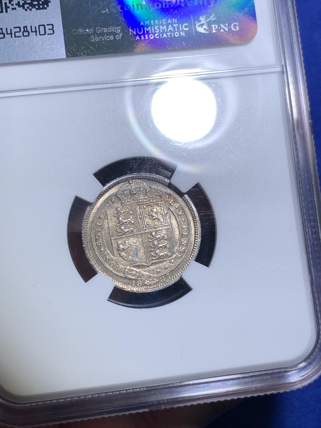 《竞宝斋》第280场- 周日，周一 ，周二3场连拍 （全场包邮） NGC MS62 英国1887年维多利亚6便士银币 五彩包浆漂亮