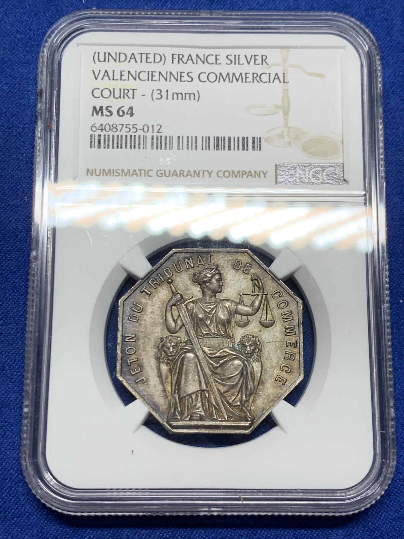 《竞宝斋》第281场- 周日，周一 ，周二3场连拍 （全场包邮） NGC-MS64 法国八角银质代币，瓦朗谢纳商会，三狮+双天鹅设计，少见图案