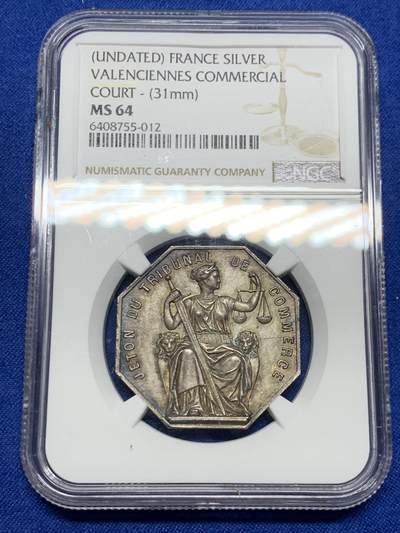 《竞宝斋》第281场- 周日，周一 ，周二3场连拍 （全场包邮） - NGC-MS64 法国八角银质代币，瓦朗谢纳商会，三狮+双天鹅设计，少见图案