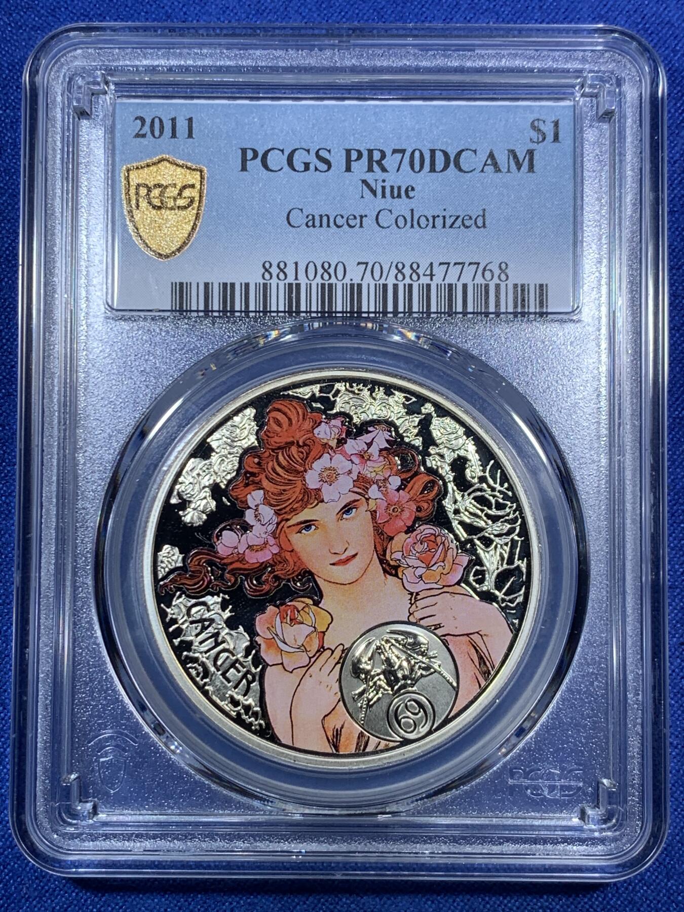 《竞宝斋》第280场- 周日，周一 ，周二3场连拍 （全场包邮） PCGS PR70DCAM 冠军 纽埃2011年十二星座系列 巨蟹座 慕夏美女精铸银币 发行量1万 设计优美 单枚裸币价500-600+  70完美满分 尤其难得