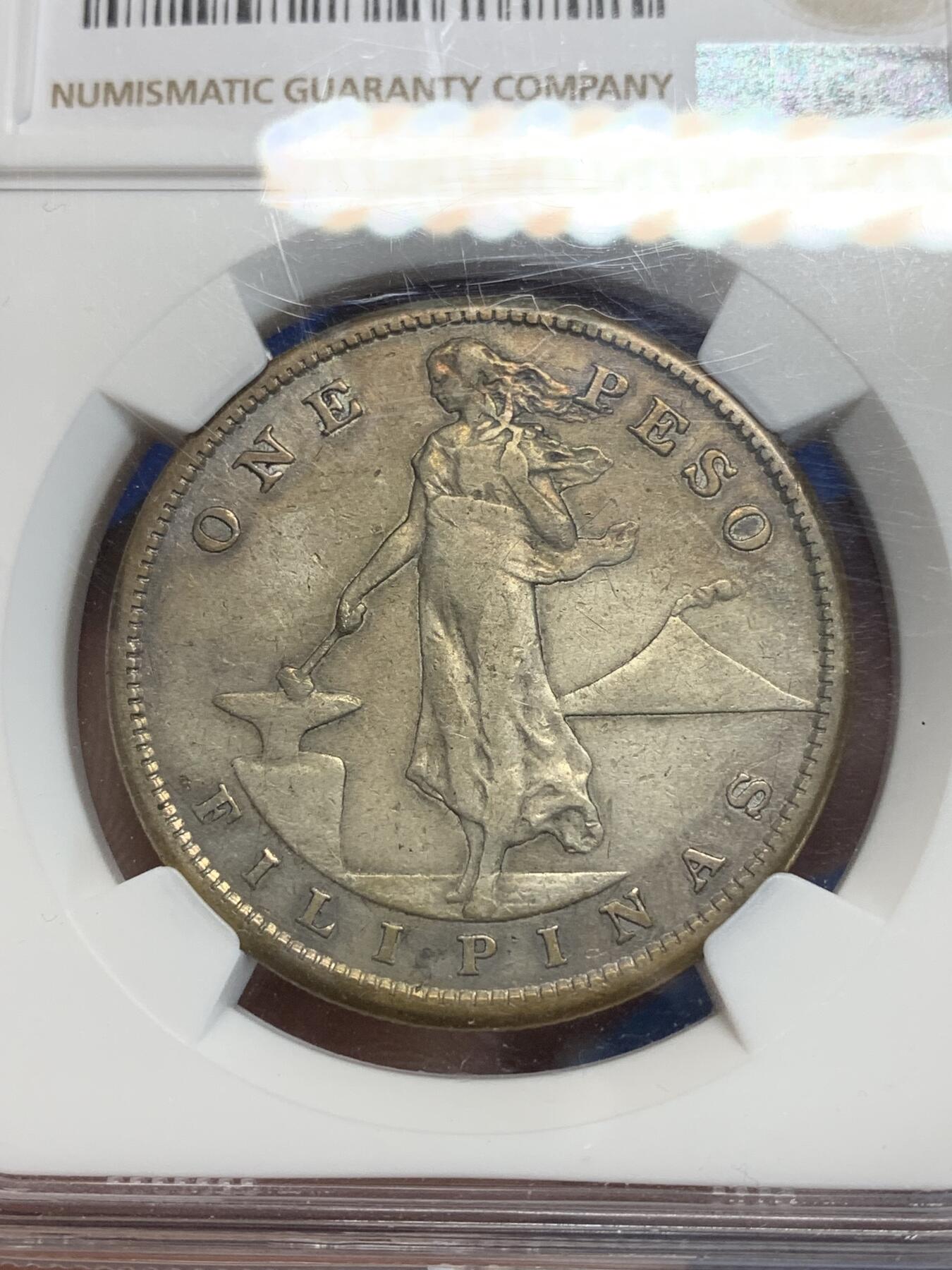 《竞宝斋》第280场- 周日，周一 ，周二3场连拍 （全场包邮） NGC VF35 美属菲律宾 1908年 1比索 打铁女神 银币