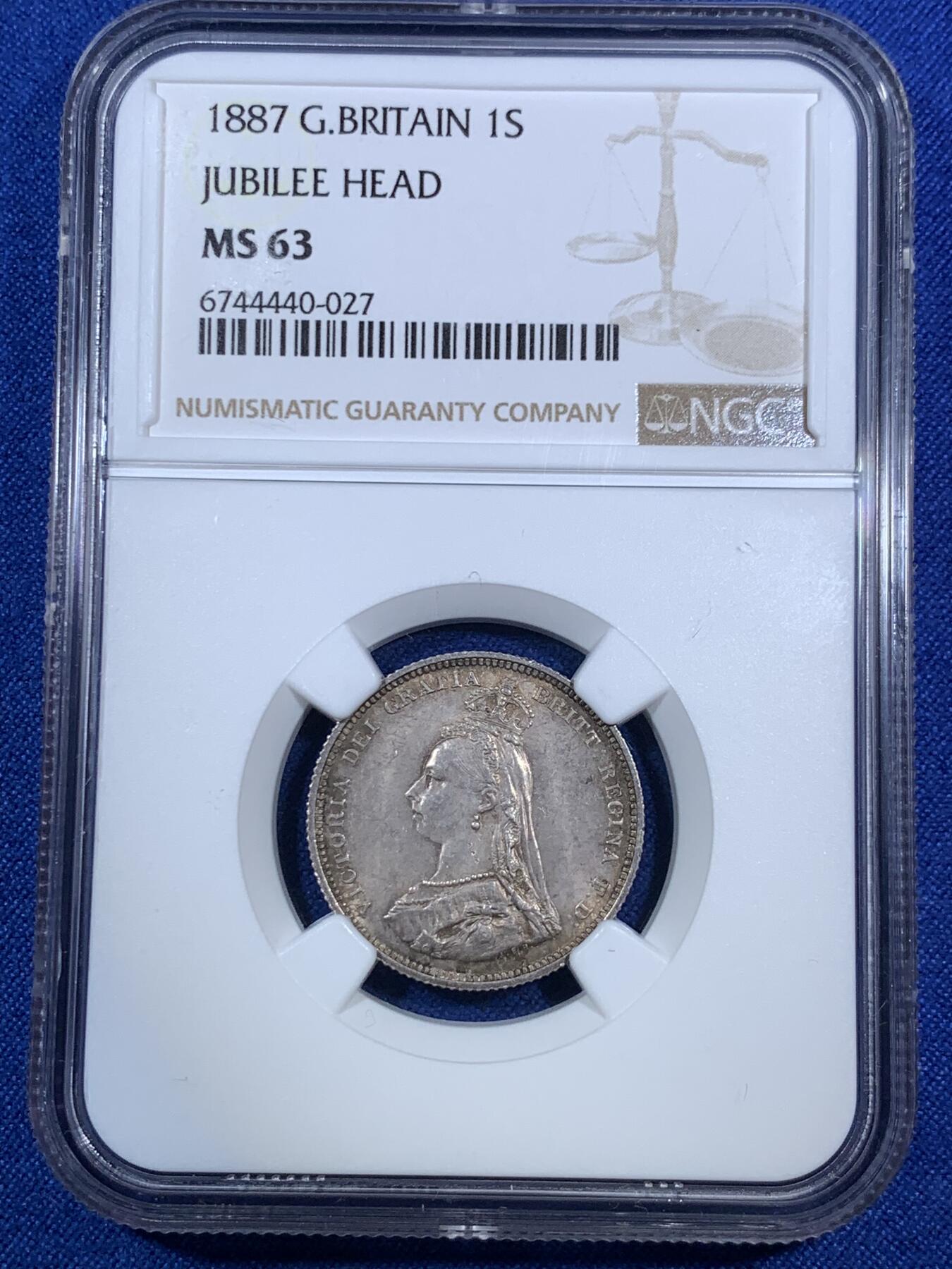 《竞宝斋》第280场- 周日，周一 ，周二3场连拍 （全场包邮） NGC MS63 英国1887年维多利亚1先令银币 原光