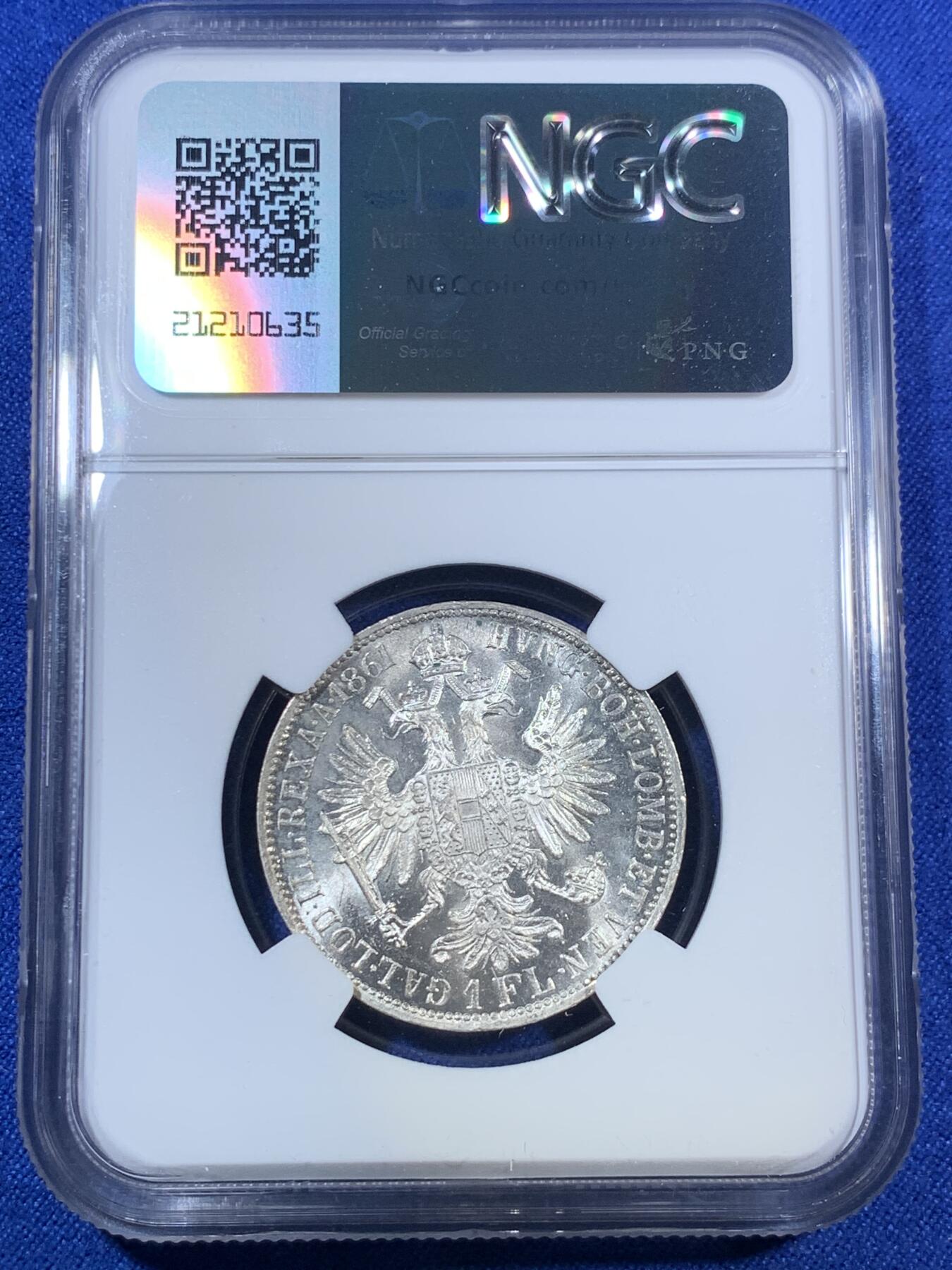 《竞宝斋》第280场- 周日，周一 ，周二3场连拍 （全场包邮） NGC MS65 1861年奥地利弗朗茨一世1弗洛林银币  顶级银霜车轮光，季军分，仅有2枚更高分