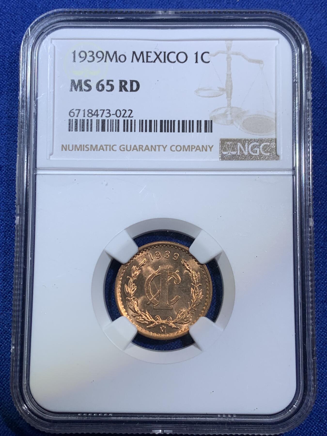 《竞宝斋》第280场- 周日，周一 ，周二3场连拍 （全场包邮） NGC MS65RD 墨西哥1939年1C铜币