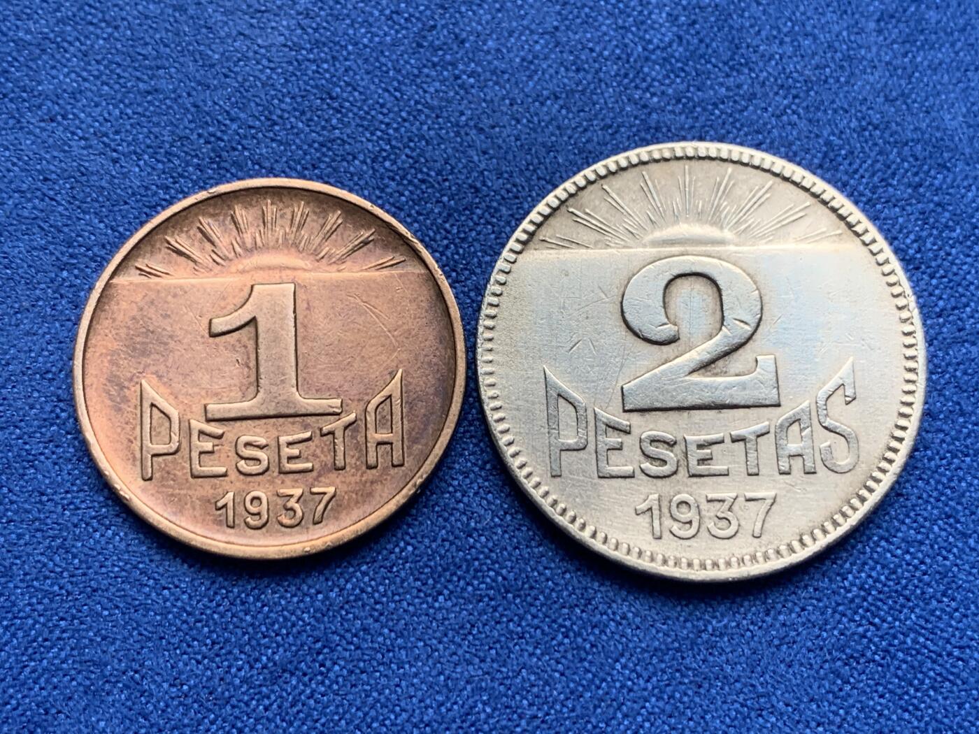 《竞宝斋》第280场- 周日，周一 ，周二3场连拍 （全场包邮） 西班牙1937年内战时期阿斯图里亚斯和莱昂省 1、2比塞塔