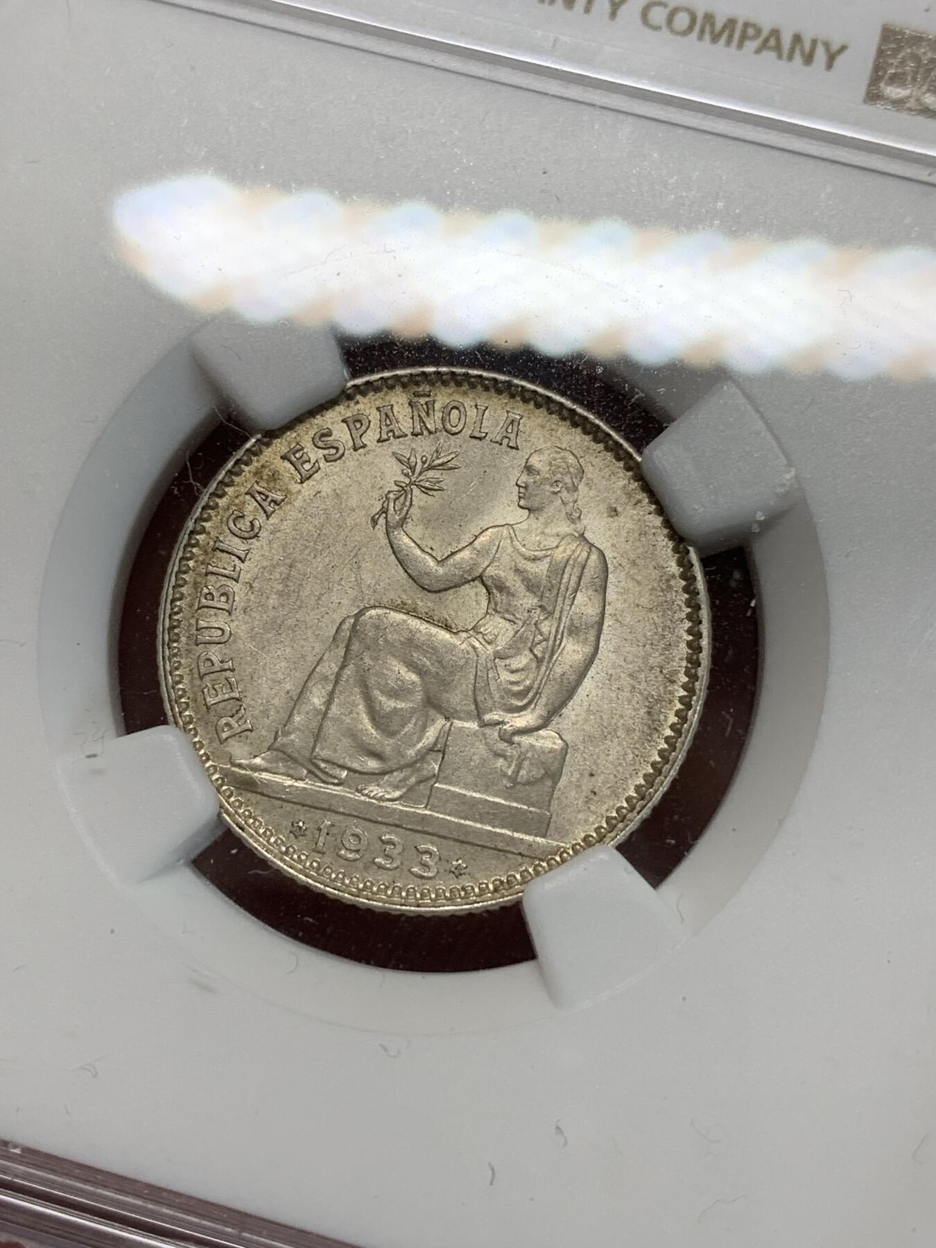 《竞宝斋》第280场- 周日，周一 ，周二3场连拍 （全场包邮） NGC MS63 西班牙 1933年 内战版 拿花女神 1比塞塔 银币