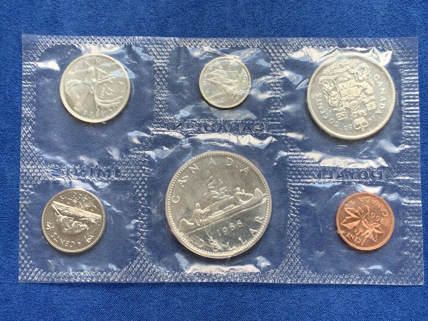 《竞宝斋》第280场- 周日，周一 ，周二3场连拍 （全场包邮） 加拿大1966年官方原封全套6枚 含4枚银币 性价比高