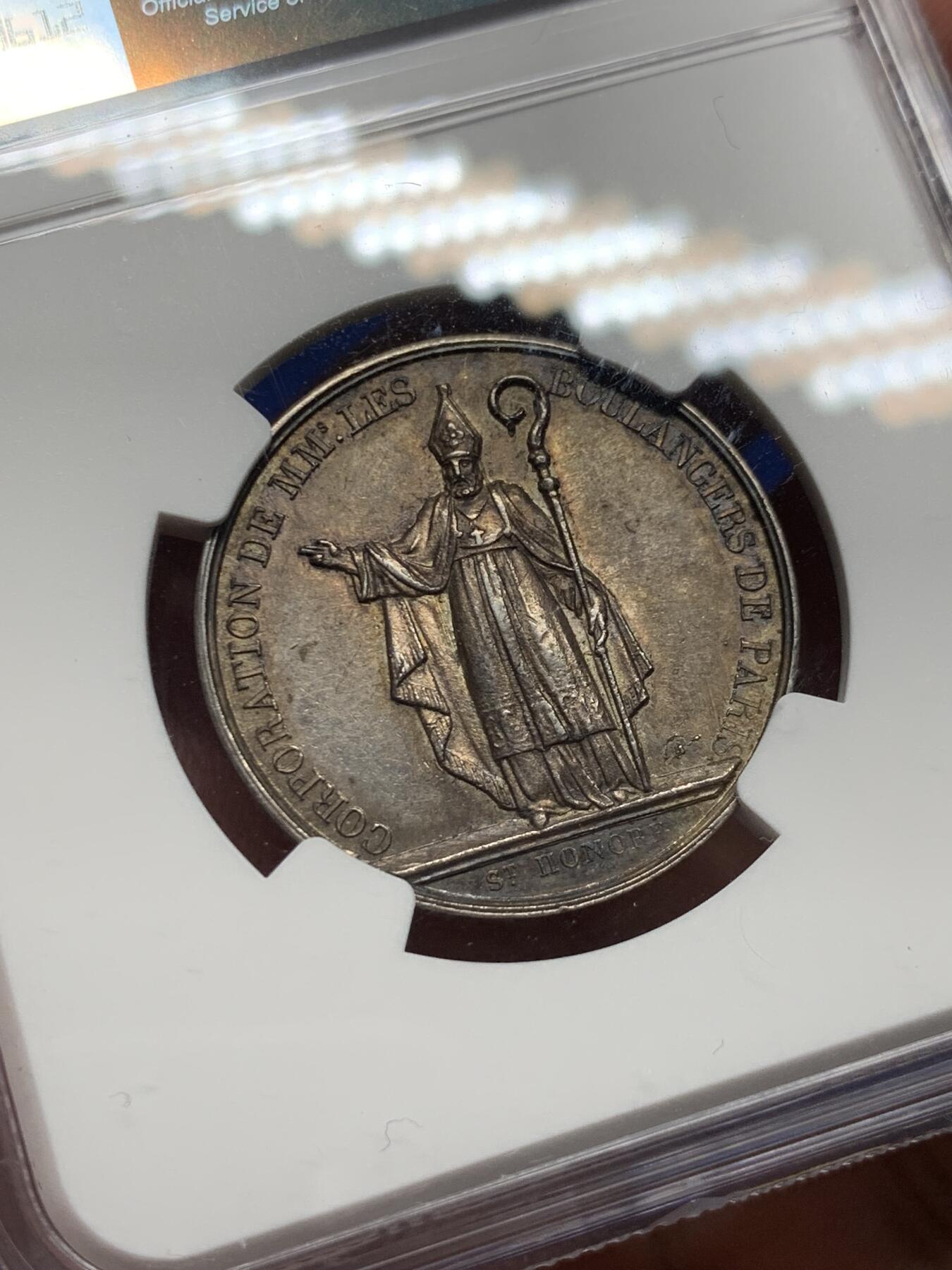 《竞宝斋》第281场- 周日，周一 ，周二3场连拍 （全场包邮） NGC-MS62 法国银代币，路易十八头像巴黎面包店