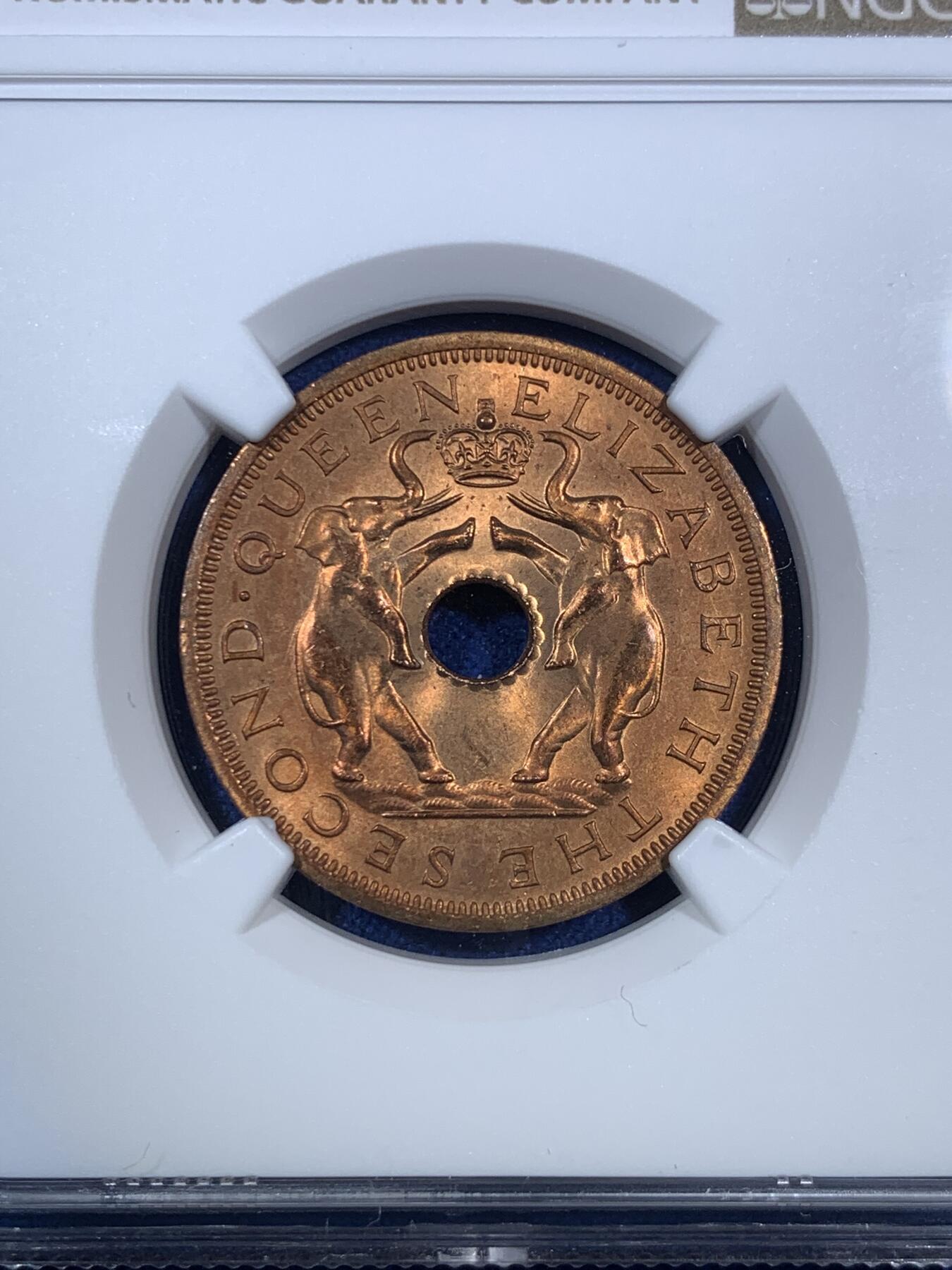 《竞宝斋》第280场- 周日，周一 ，周二3场连拍 （全场包邮） NGC MS65RB 1962罗德西亚1便士 65分对于上海N评的铜币来说绝对是超级高分 大象图案非常有特色