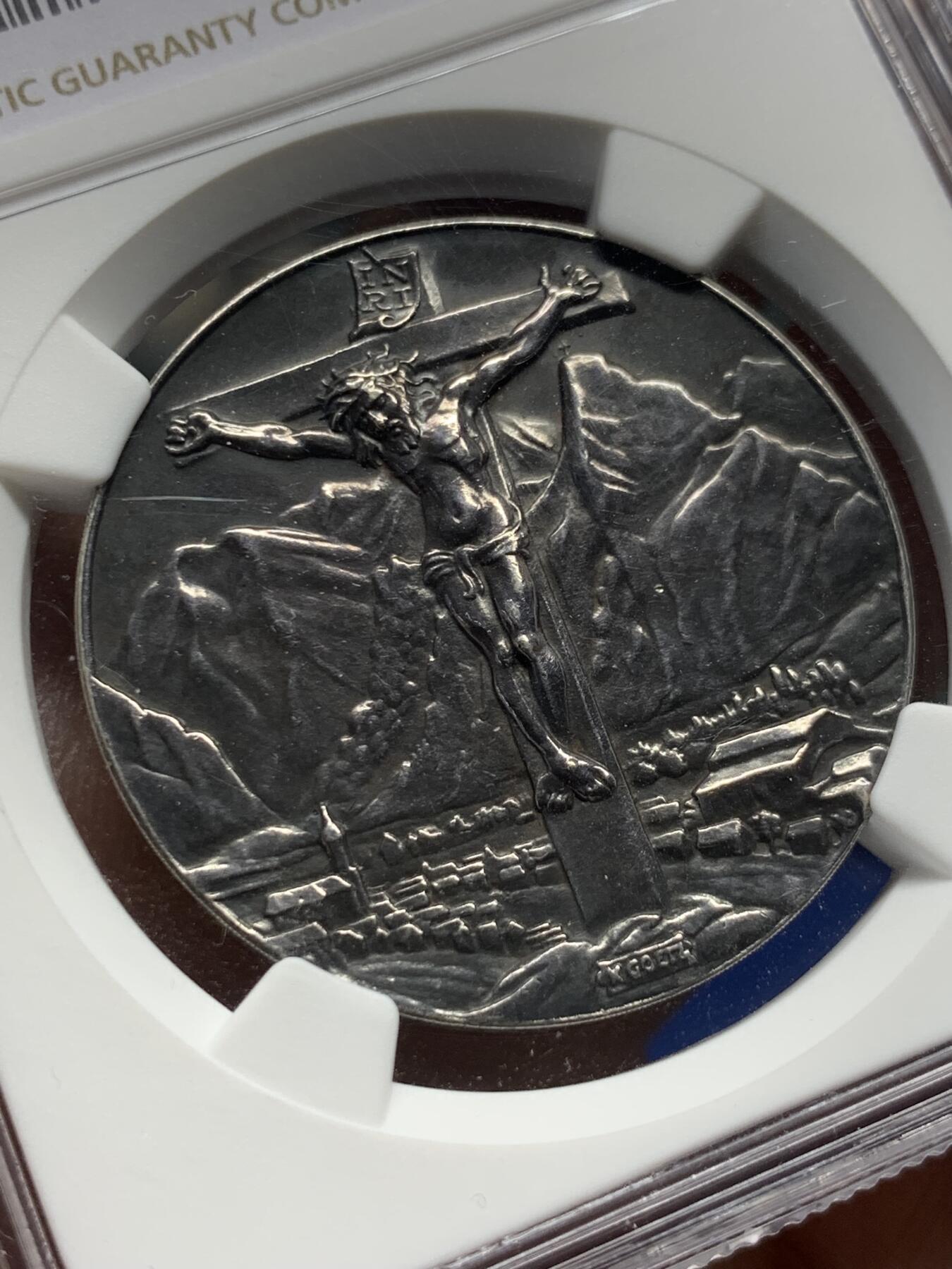 《竞宝斋》第280场- 周日，周一 ，周二3场连拍 （全场包邮） NGC MS60 哥茨经典1930年魏玛德国耶稣受难记上演纪念银章 层次分明 颇显功力