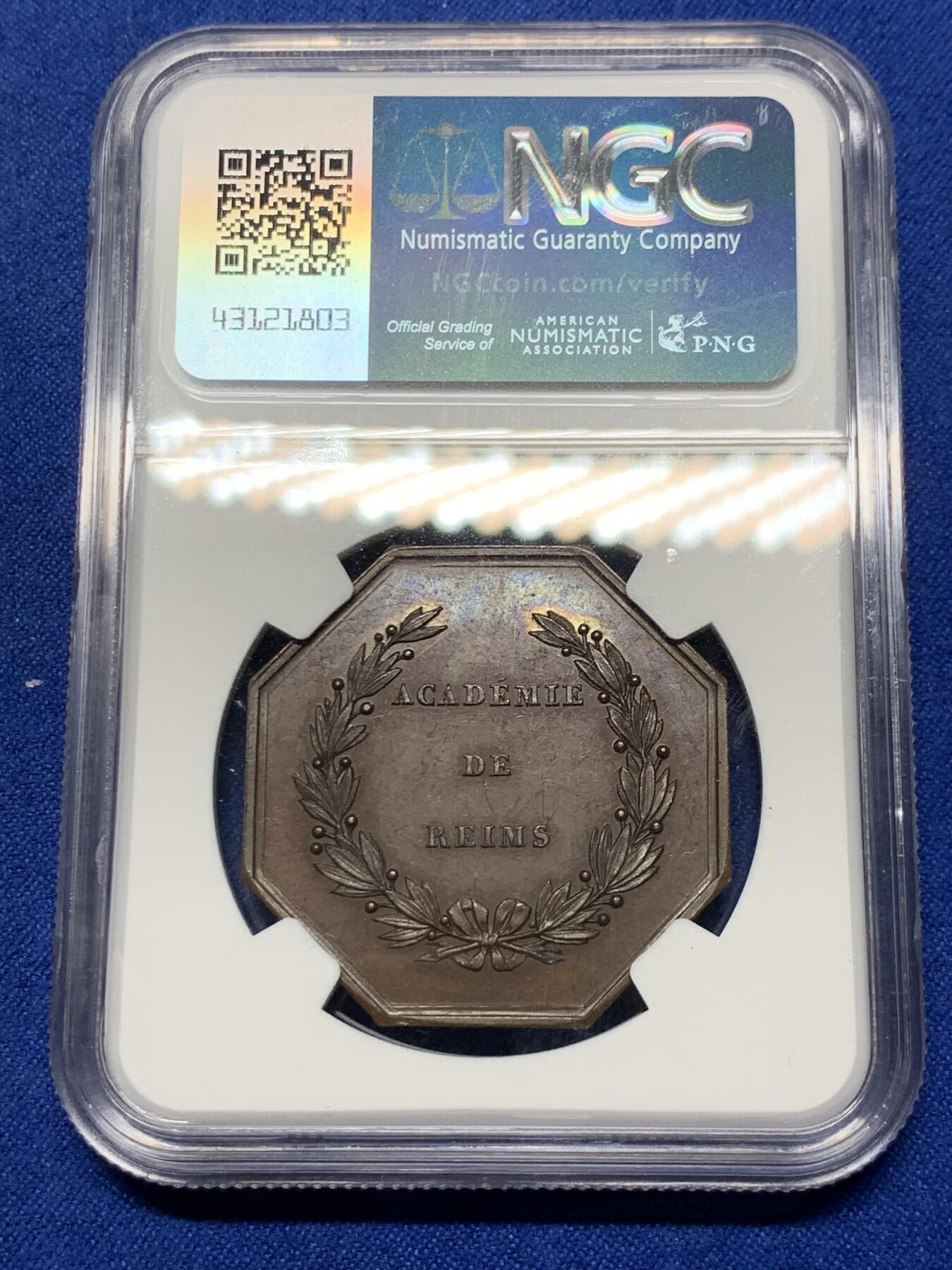 《竞宝斋》第281场- 周日，周一 ，周二3场连拍 （全场包邮） NGC-MS63 法国八角铜质代币，兰斯学院，船首边铭