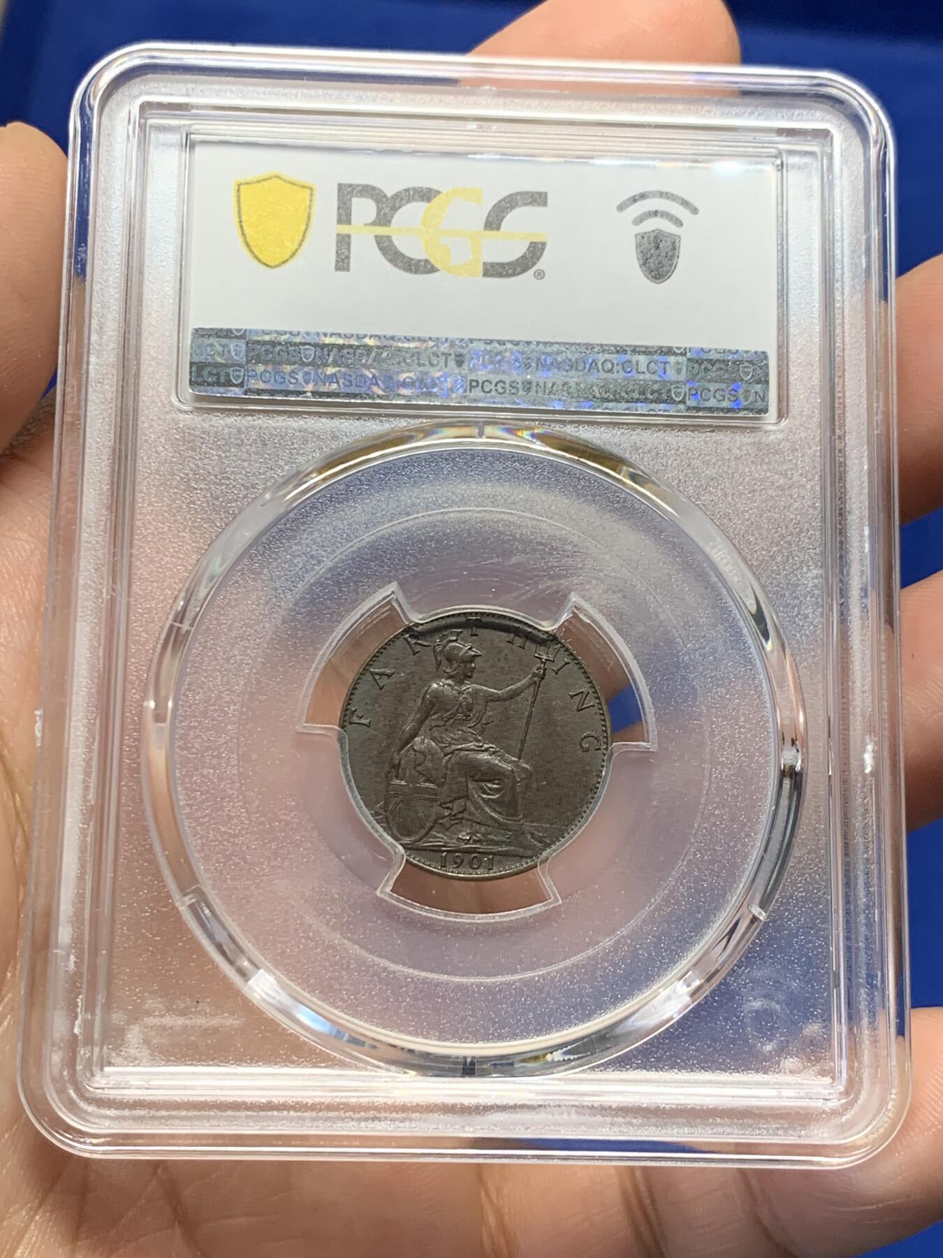 《竞宝斋》第280场- 周日，周一 ，周二3场连拍 （全场包邮） PCGS MS63 英国1901年老维1法新铜币