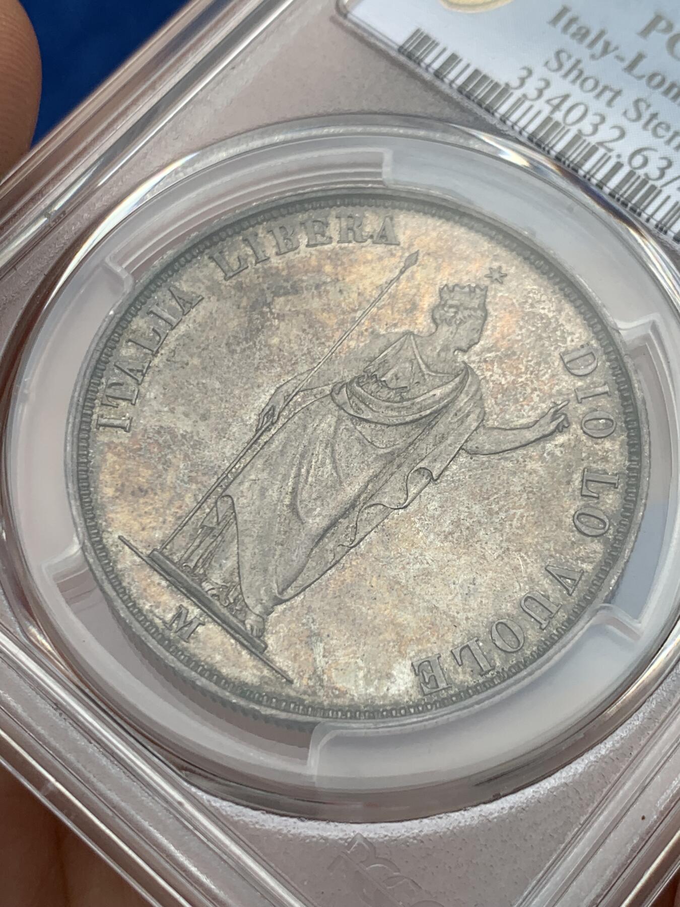 《竞宝斋》第280场- 周日，周一 ，周二3场连拍 （全场包邮） PCGS MS63 意大利1848伦巴底临时政府单年份5里拉银币 五彩包浆十分舒服有精致的地板 细节到位没有减重