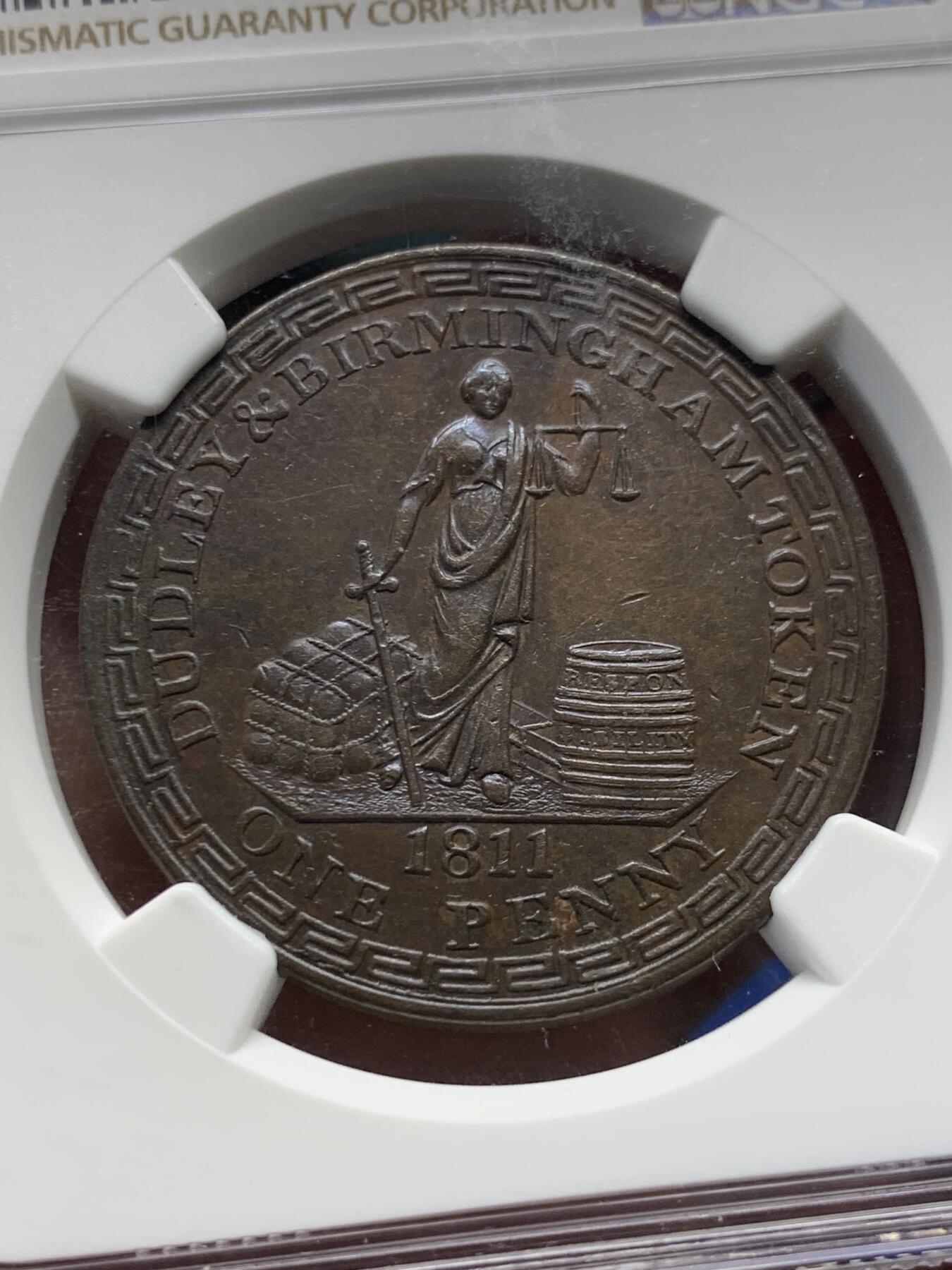 《竞宝斋》第280场- 周日，周一 ，周二3场连拍 （全场包邮） NGC MS62BN 唯一冠军分 英国1811年伯明翰1便士Token 大铜币 公平女神图案。半便士常见，1便士大铜稀少。工艺精良，该品种唯一冠军