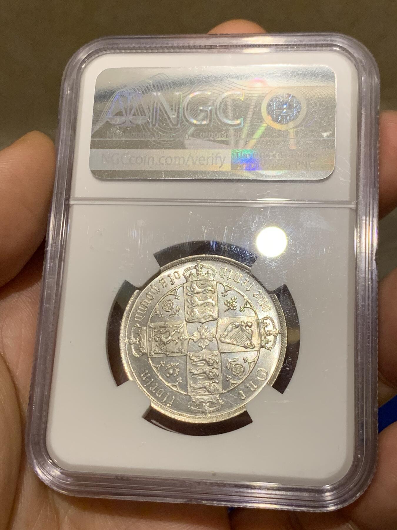 《竞宝斋》第280场- 周日，周一 ，周二3场连拍 （全场包邮） NGC MS62 英国 1886年 维多利亚女王 哥特版佛罗林 银币 PL感十足