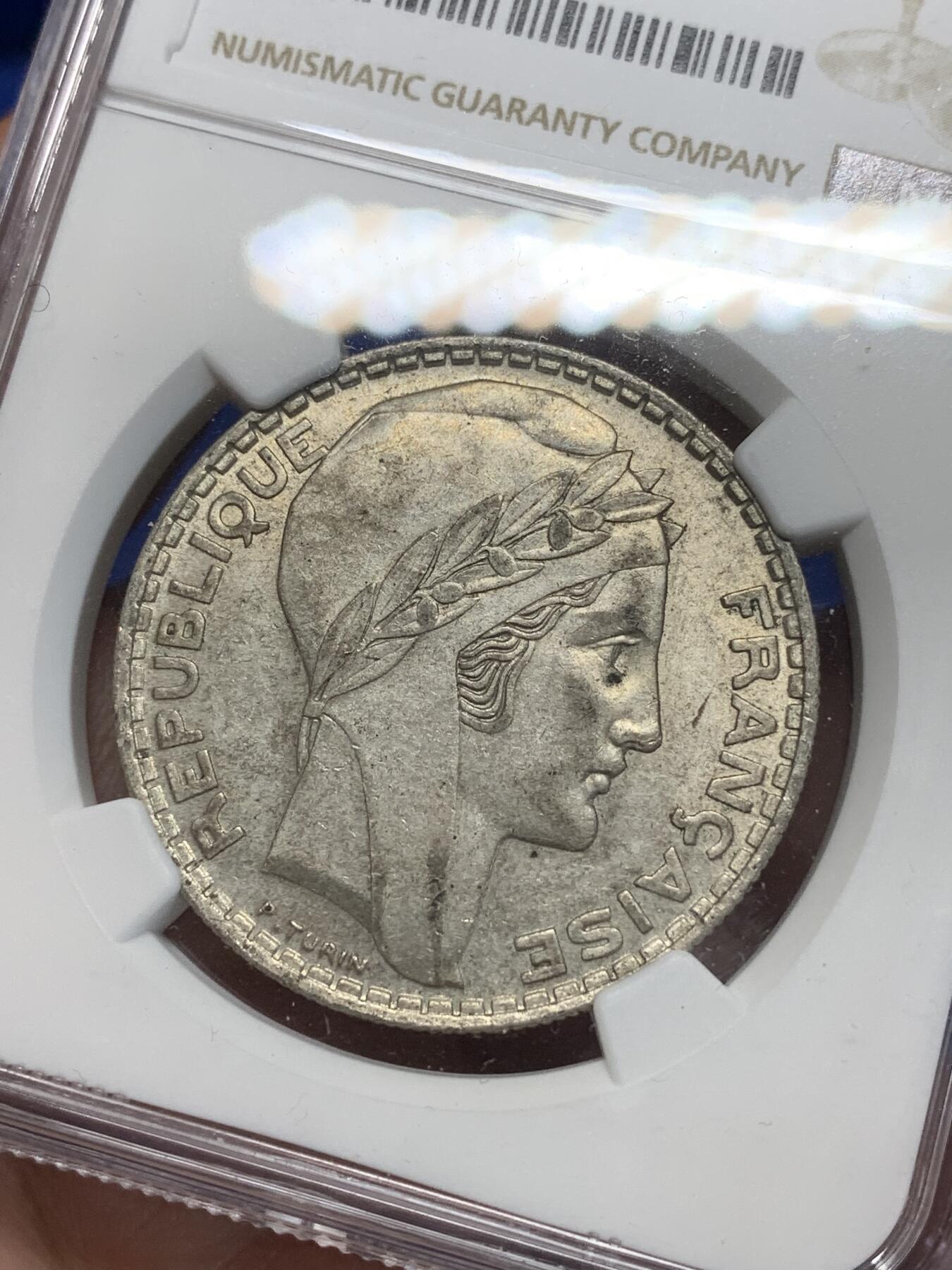 《竞宝斋》第280场- 周日，周一 ，周二3场连拍 （全场包邮） NGC AU58 法国1938年谷物女神20法郎银币