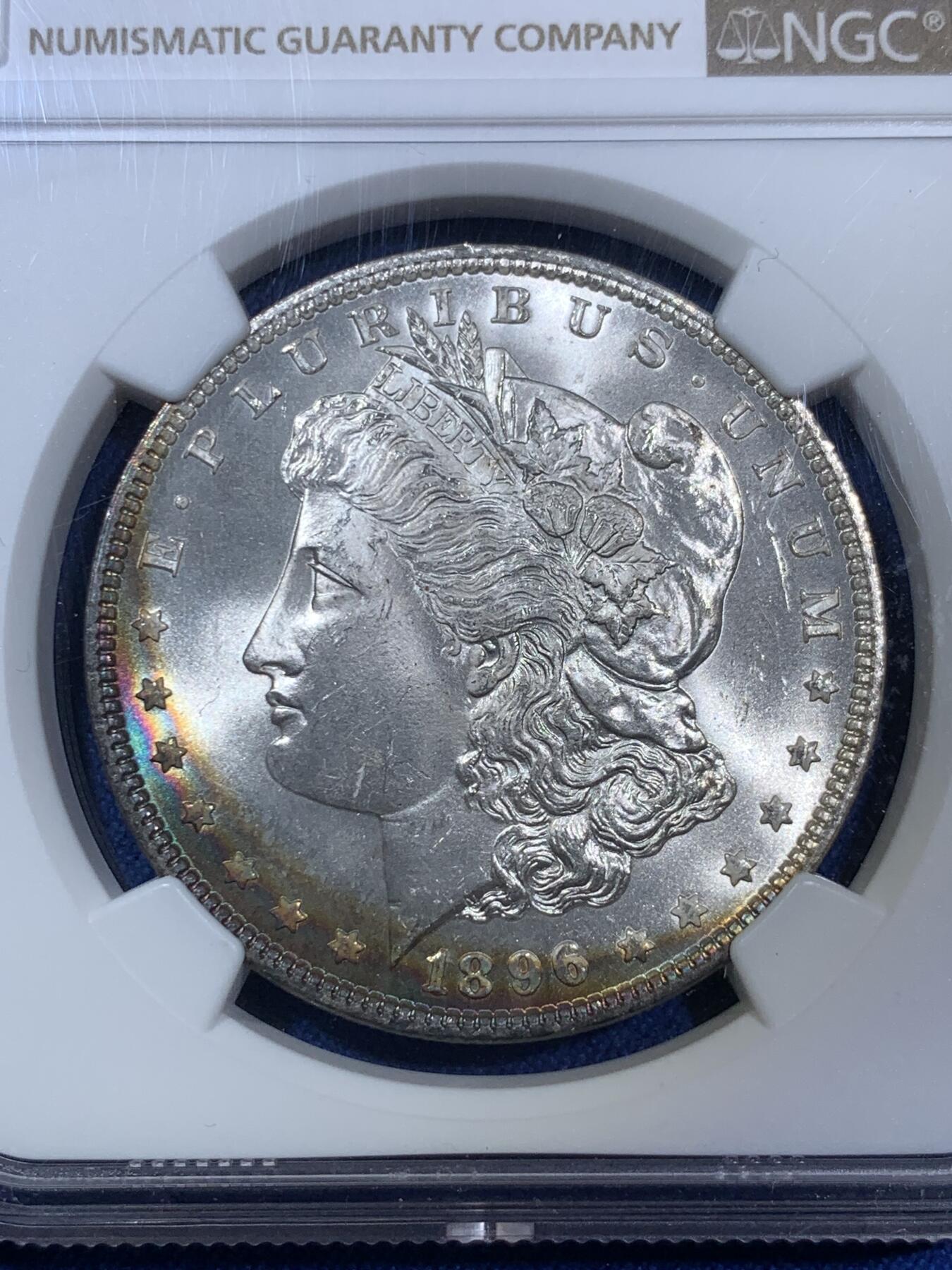 《竞宝斋》第280场- 周日，周一 ，周二3场连拍 （全场包邮） NGC MS66 美国 1896年 摩根银币 淡月牙彩 状态极佳