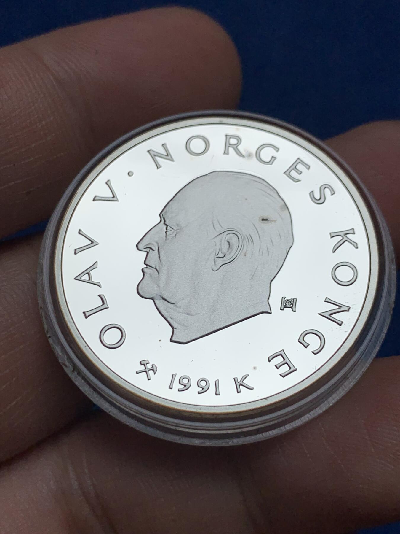 《竞宝斋》第280场- 周日，周一 ，周二3场连拍 （全场包邮） 挪威1991奥拉夫五世50克朗银币(1994年利勒哈默尔奥运会)