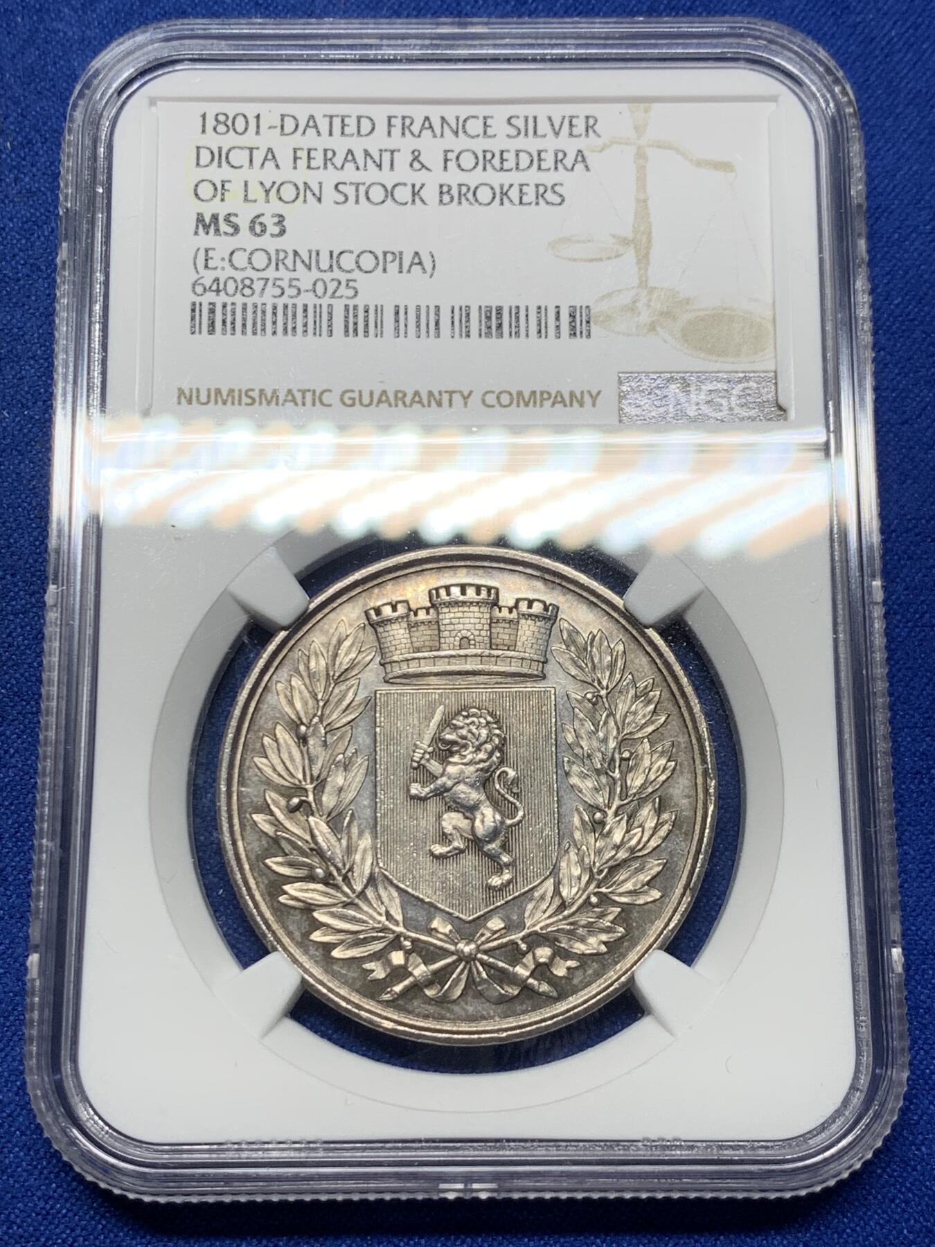 《竞宝斋》第281场- 周日，周一 ，周二3场连拍 （全场包邮） NGC-MS63 法国银代币，里昂经纪人