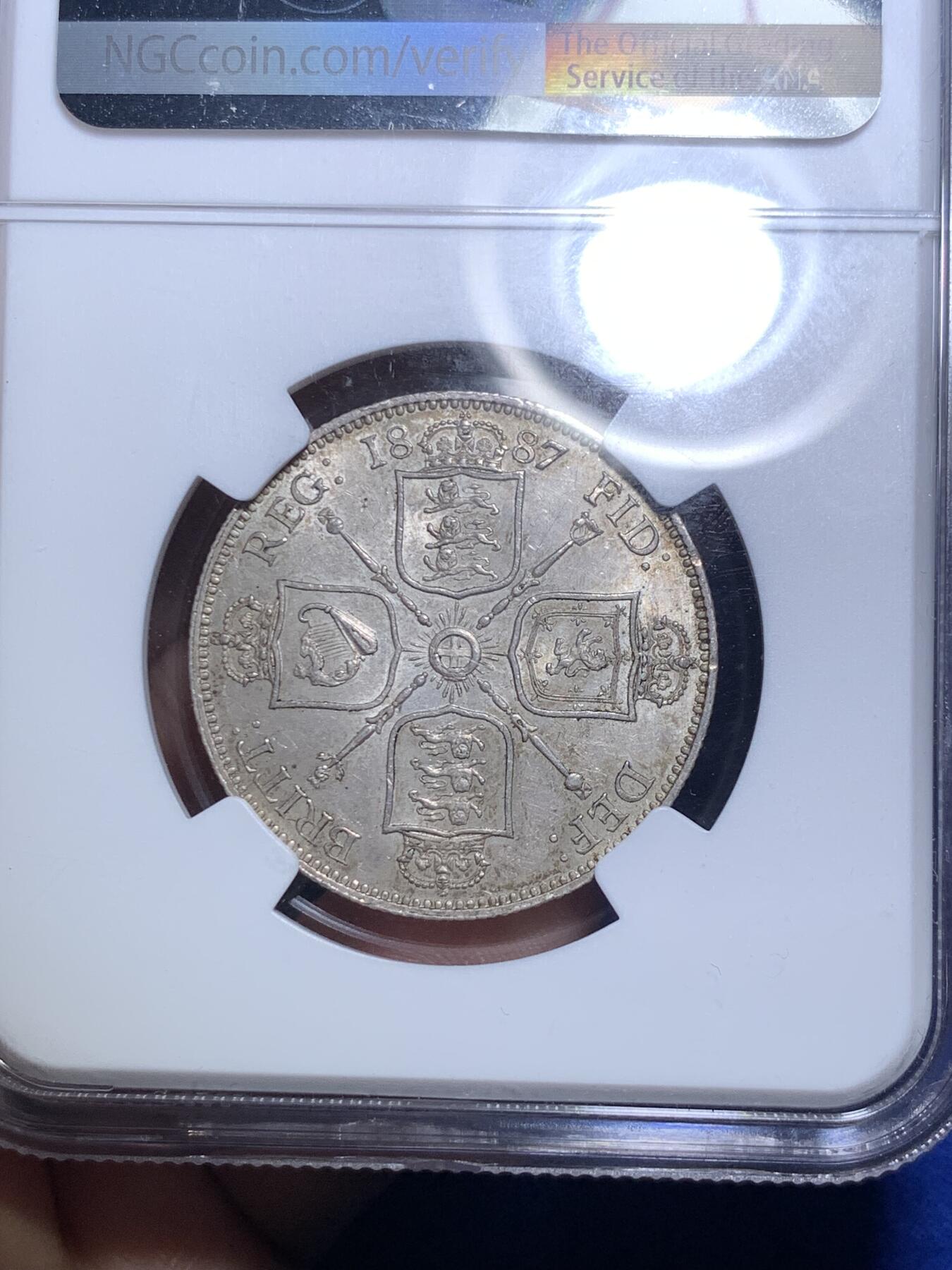 《竞宝斋》第280场- 周日，周一 ，周二3场连拍 （全场包邮） NGC MS62 英国1887年维多利亚1弗洛林银币 原味漂亮