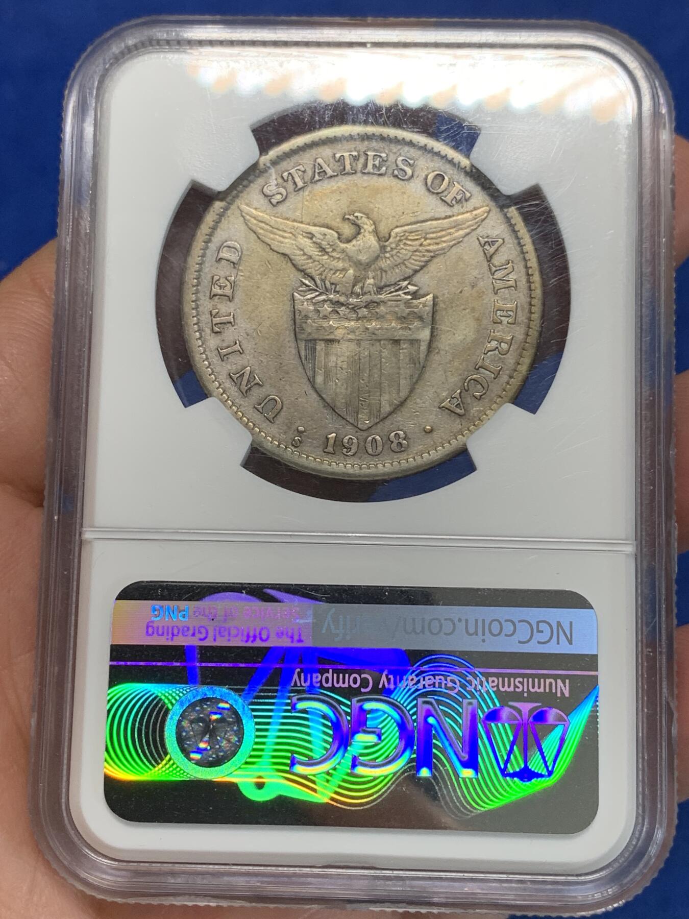 《竞宝斋》第280场- 周日，周一 ，周二3场连拍 （全场包邮） NGC VF35 美属菲律宾 1908年 1比索 打铁女神 银币